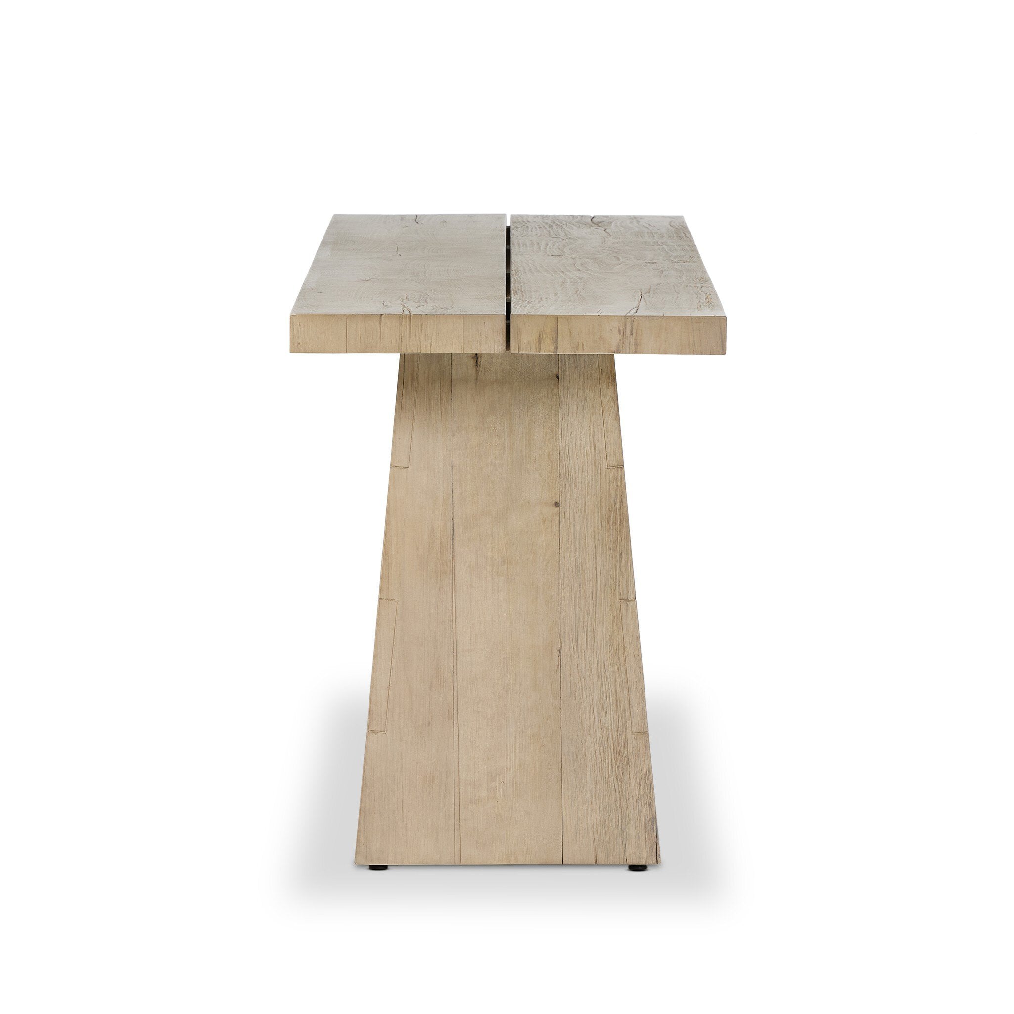 Side profile of a wooden console table with a minimalist design on a white background.