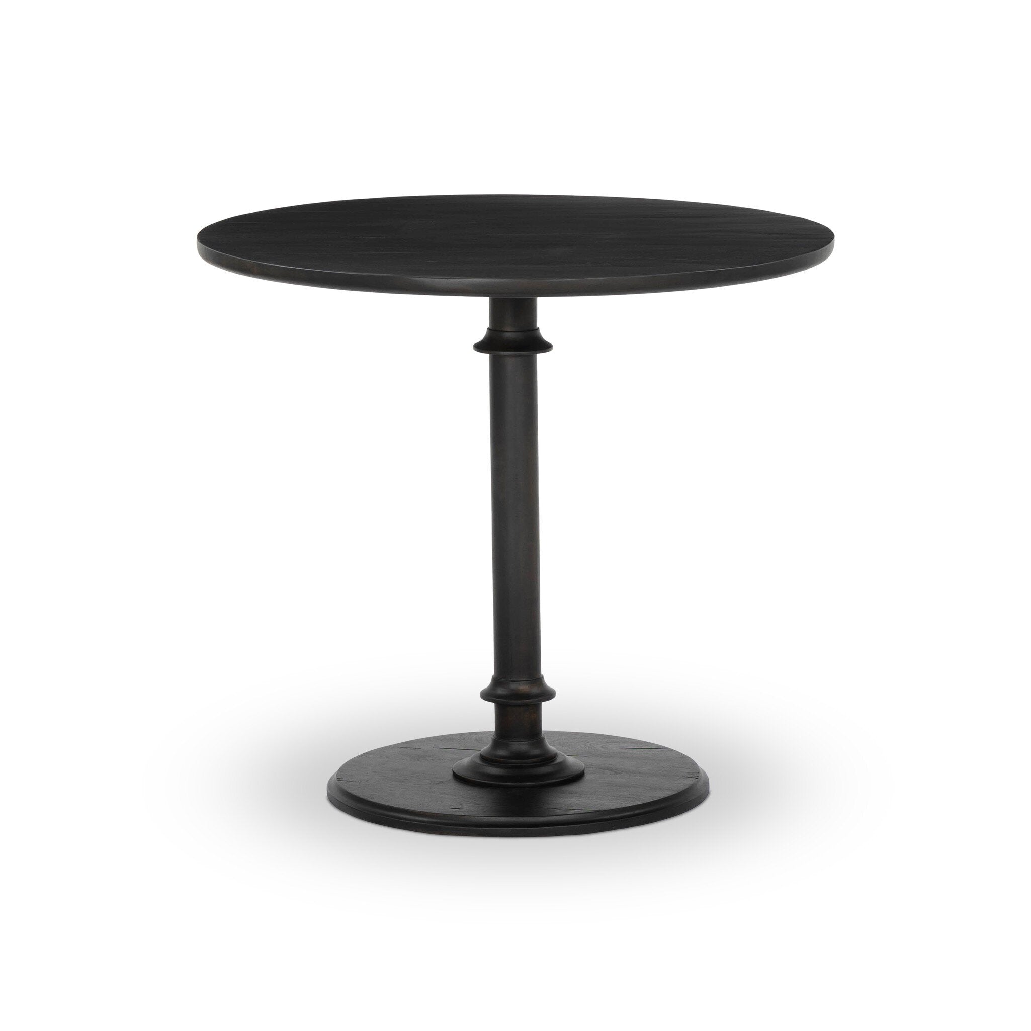 Black round end table with turn detailing on its pedestal base on a white background.