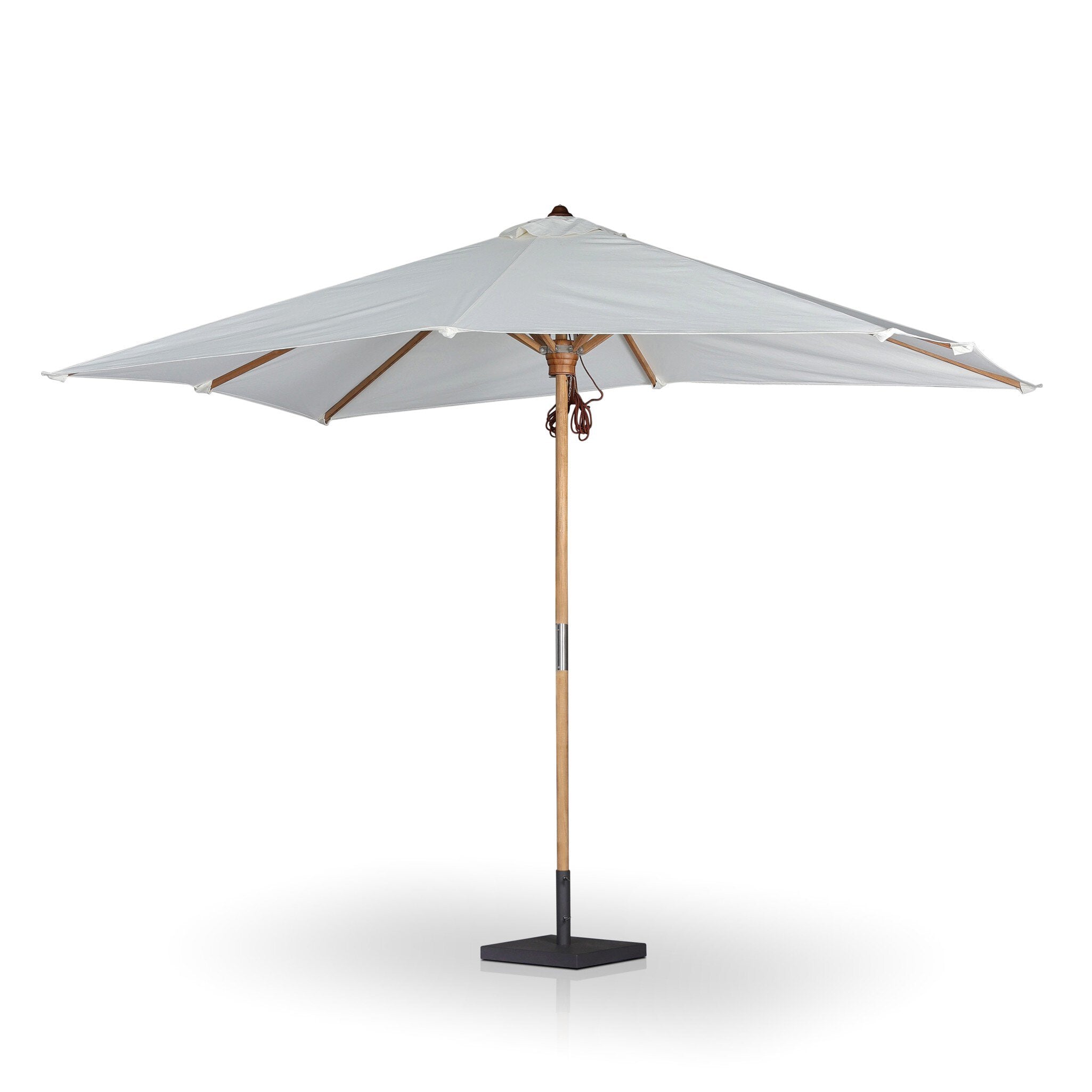 Beige patio umbrella with wooden frame and black base on a white background.