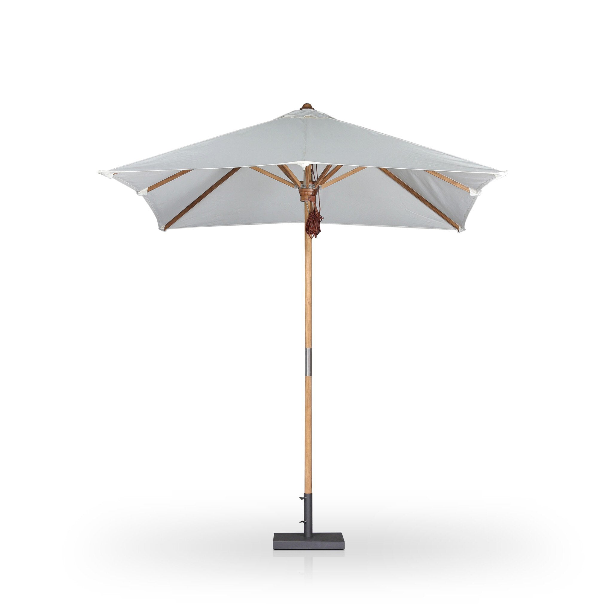 White patio umbrella with wooden frame and black base on a white background.