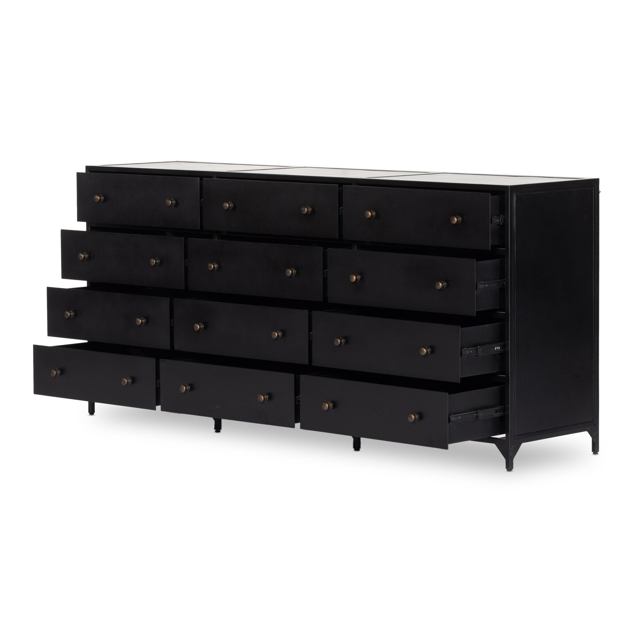 A black dresser with twelve drawers and bronze knobs on a white background.