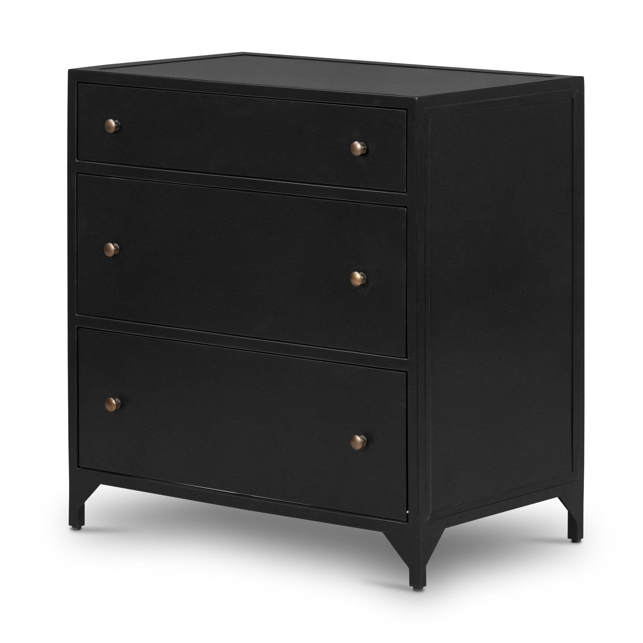 Black dresser with three drawers and metallic knobs on a white background.