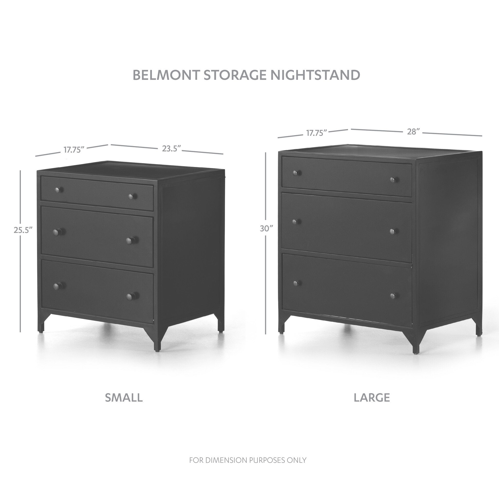 Dimensions of a small and large Belmont Storage Nightstand on a white background