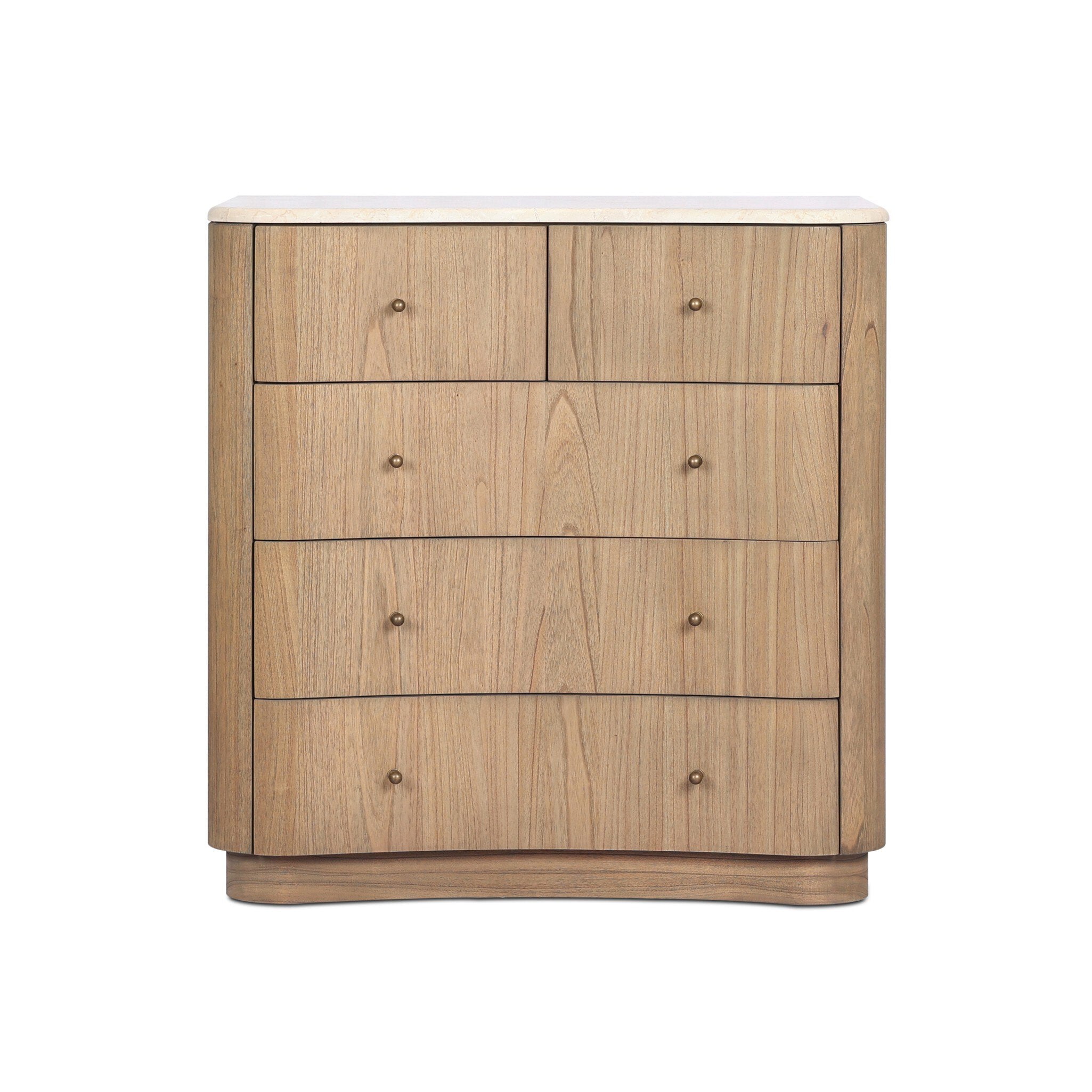 Wooden dresser with multiple drawers and a cream-white marble top on a white background.