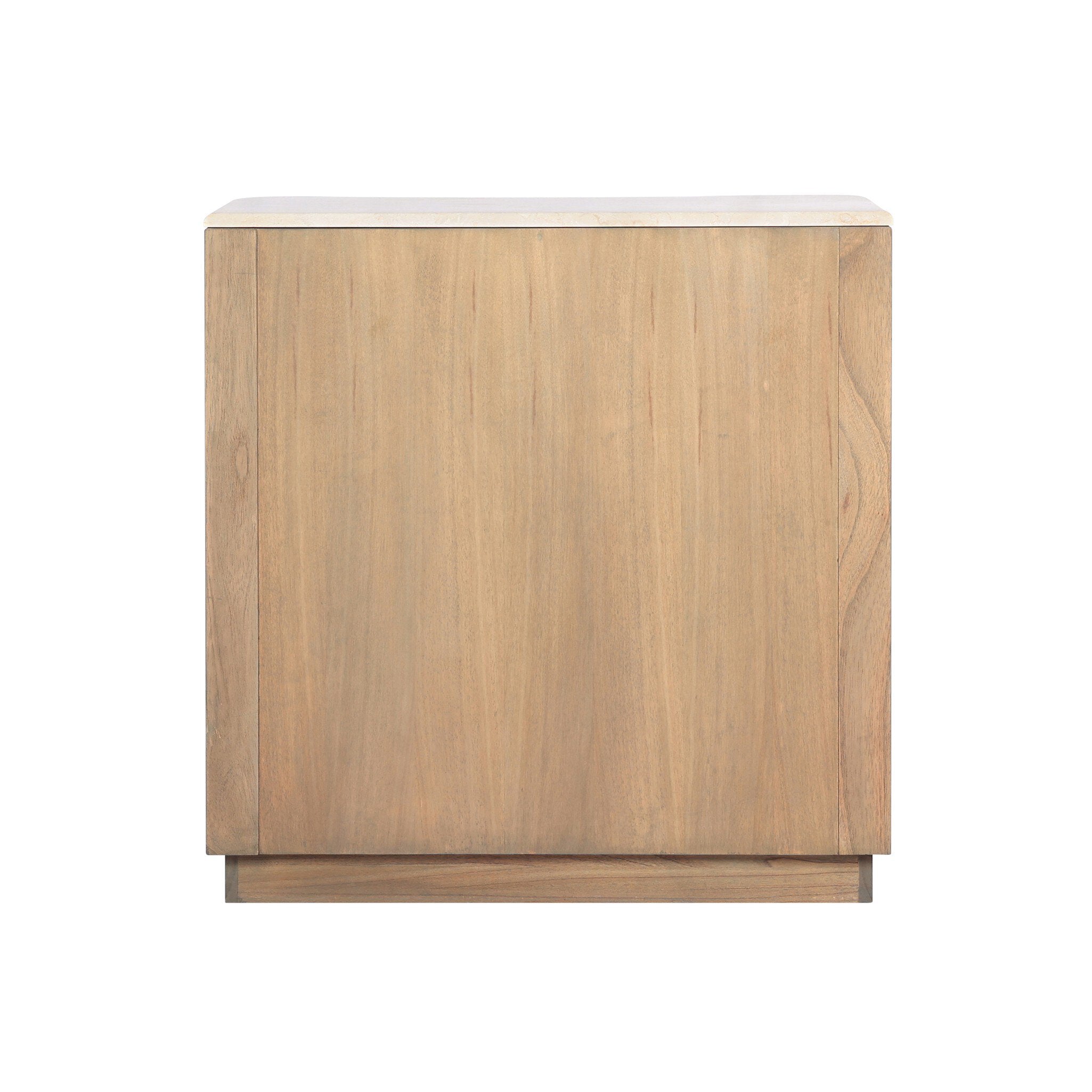 The back of a wooden dresser with multiple drawers and a cream-white marble top on a white background.