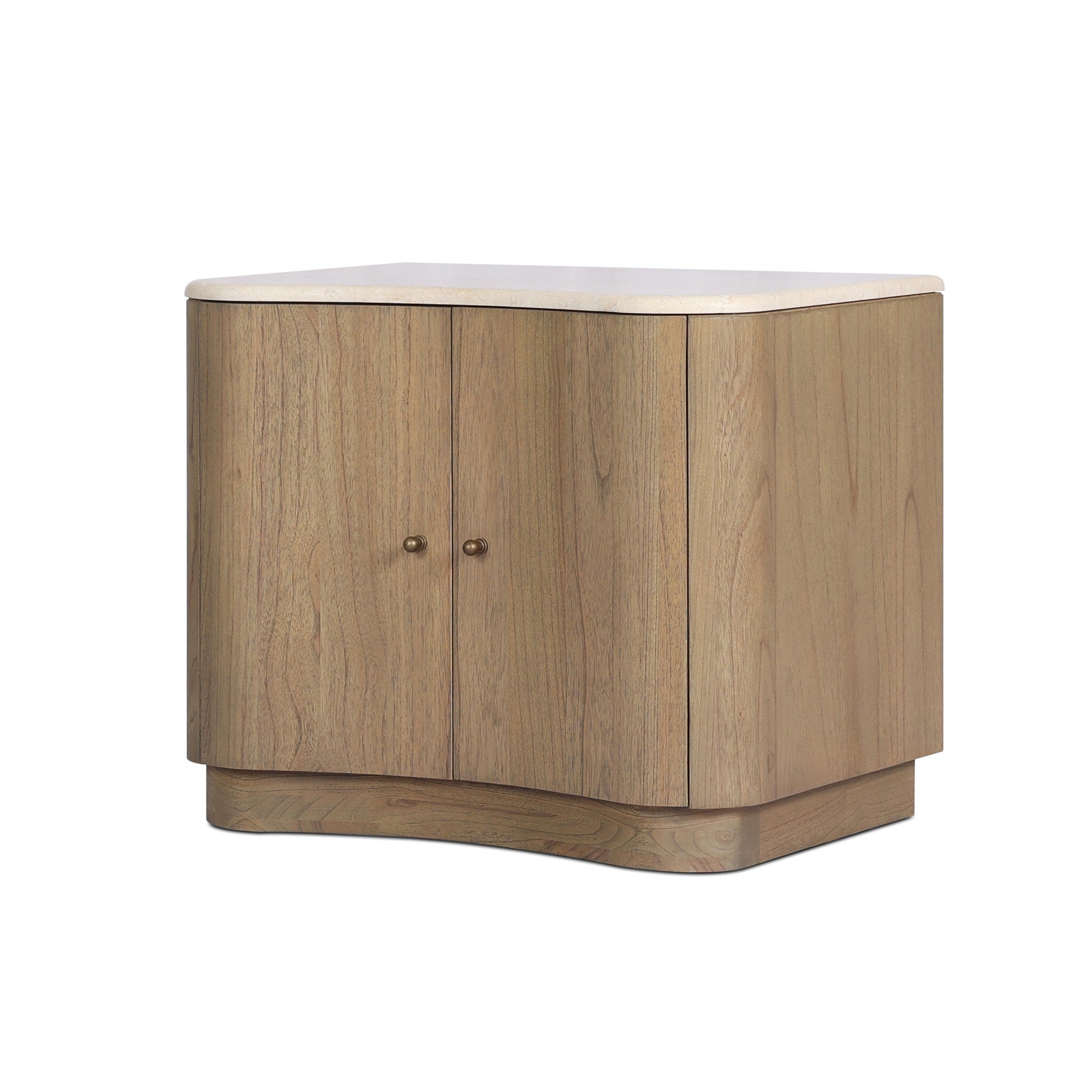 Wooden nightstand with two doors and a marble top on a white background.