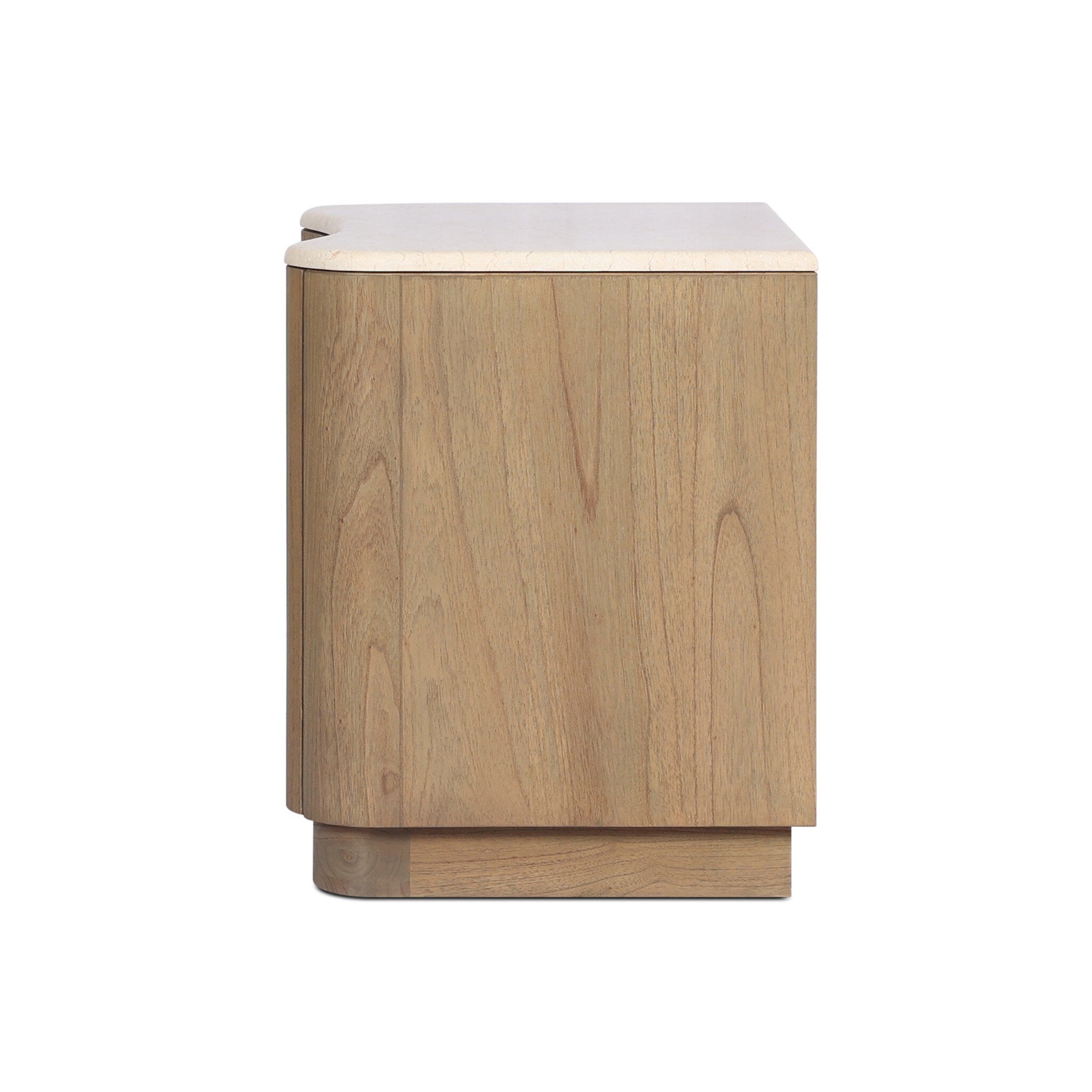 Side profile of a wooden nightstand with two doors and a marble top on a white background.