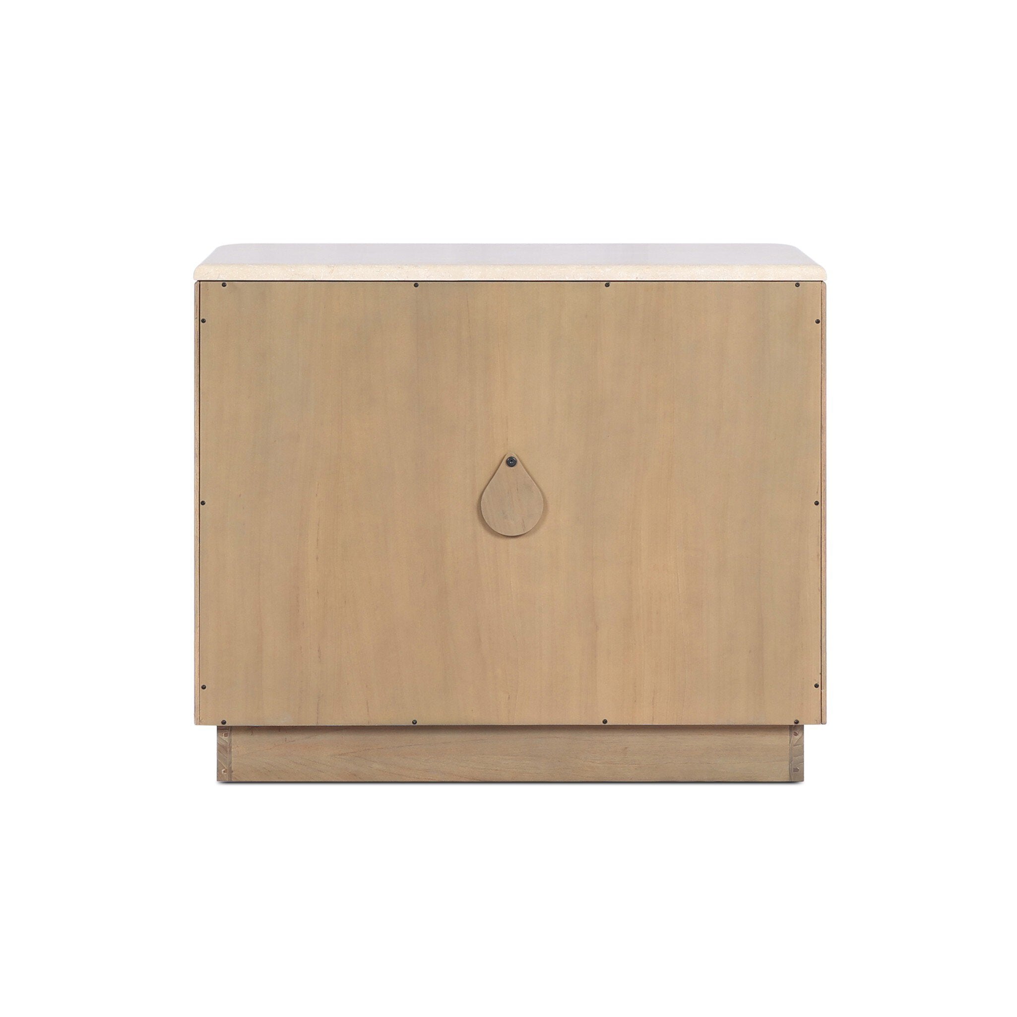The back of a wooden nightstand with two doors and a marble top on a white background.