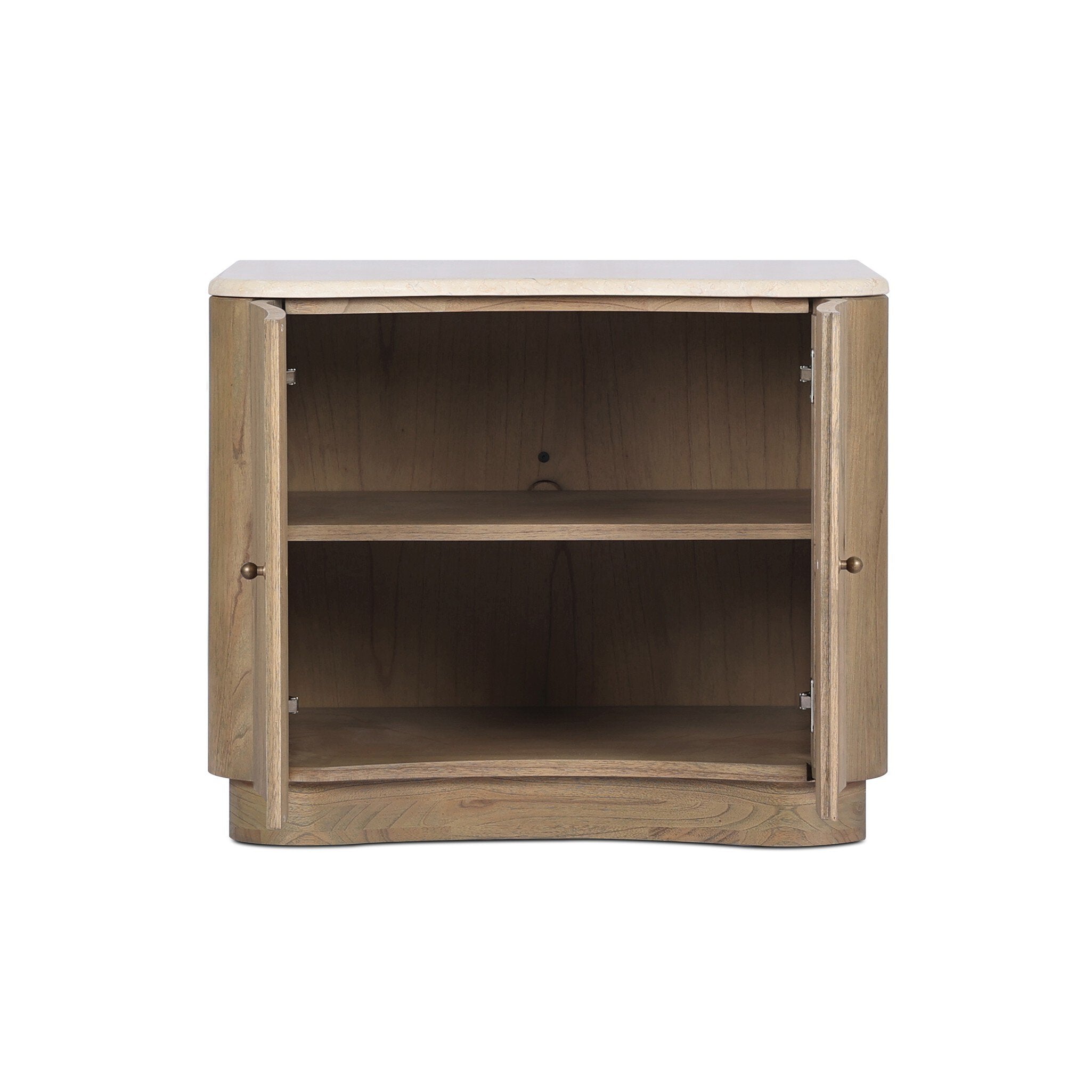 A wooden nightstand with two doors and a marble top on a white background.