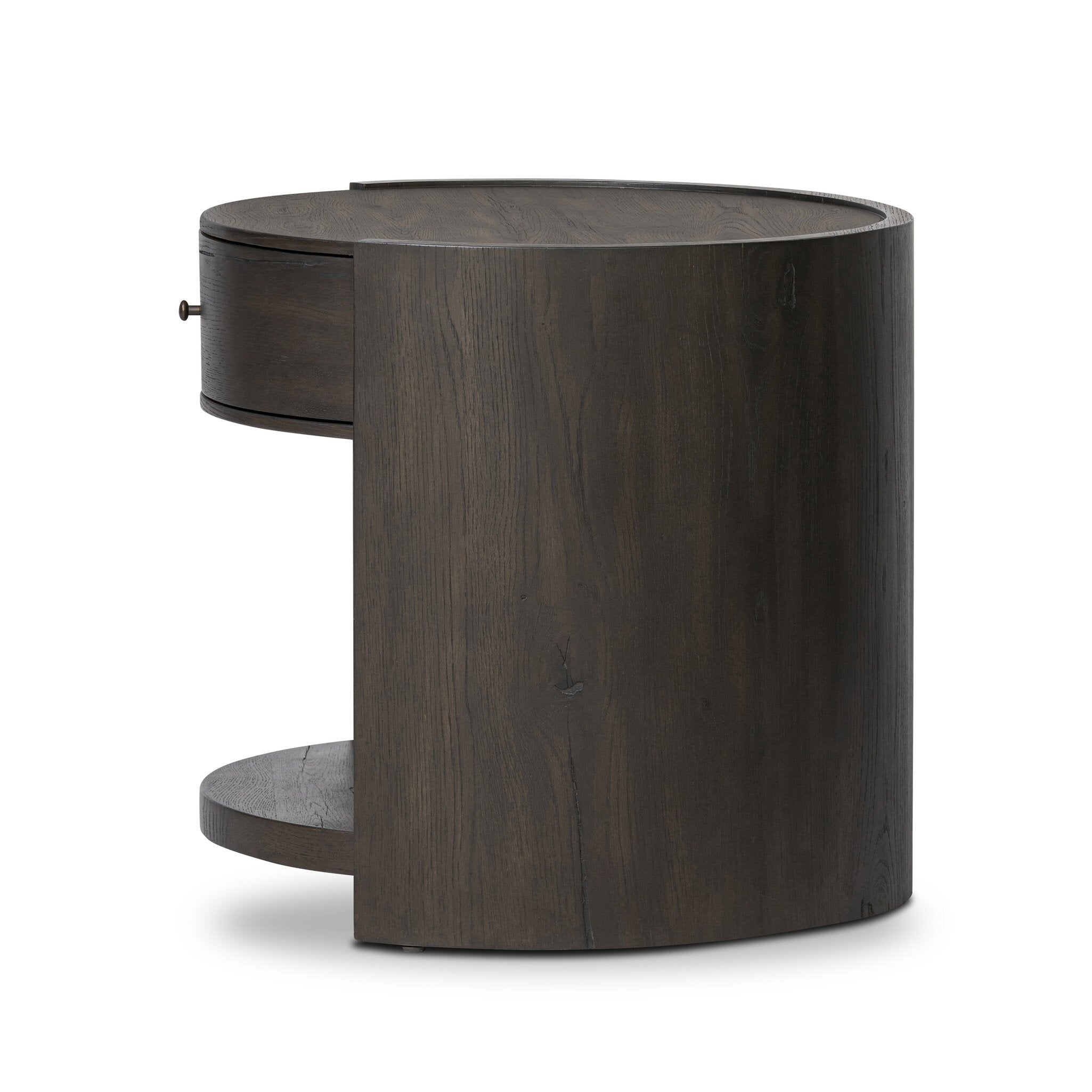 Side profile of a round dark wooden nightstand with a drawer and a cubby on a white background.