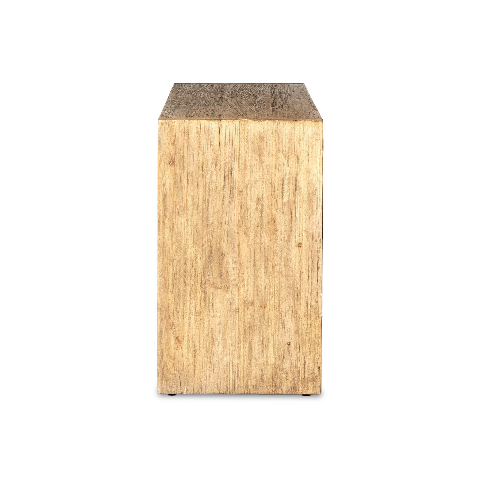 Side profile of a wooden sideboard with four doors and three drawers in the center on a white background.