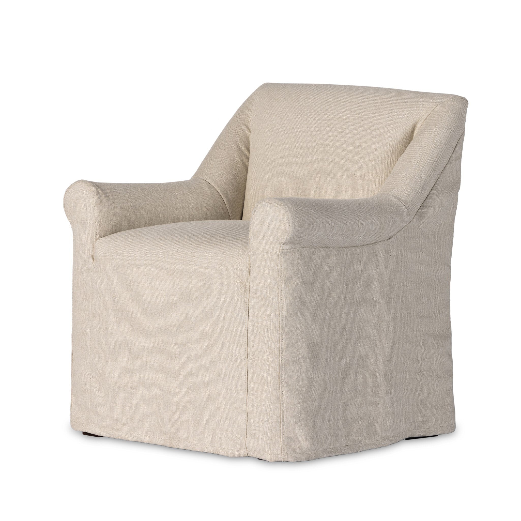 Natural slipcovered dining armchair with rolled arms on a white background.