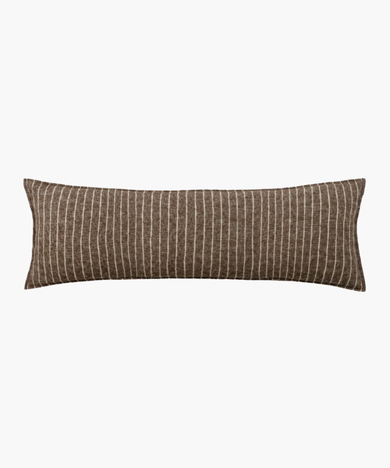 Front-facing view of the Bruno Sham in brown pinstripe, highlighting the clean knife edge and dense boucle weave.