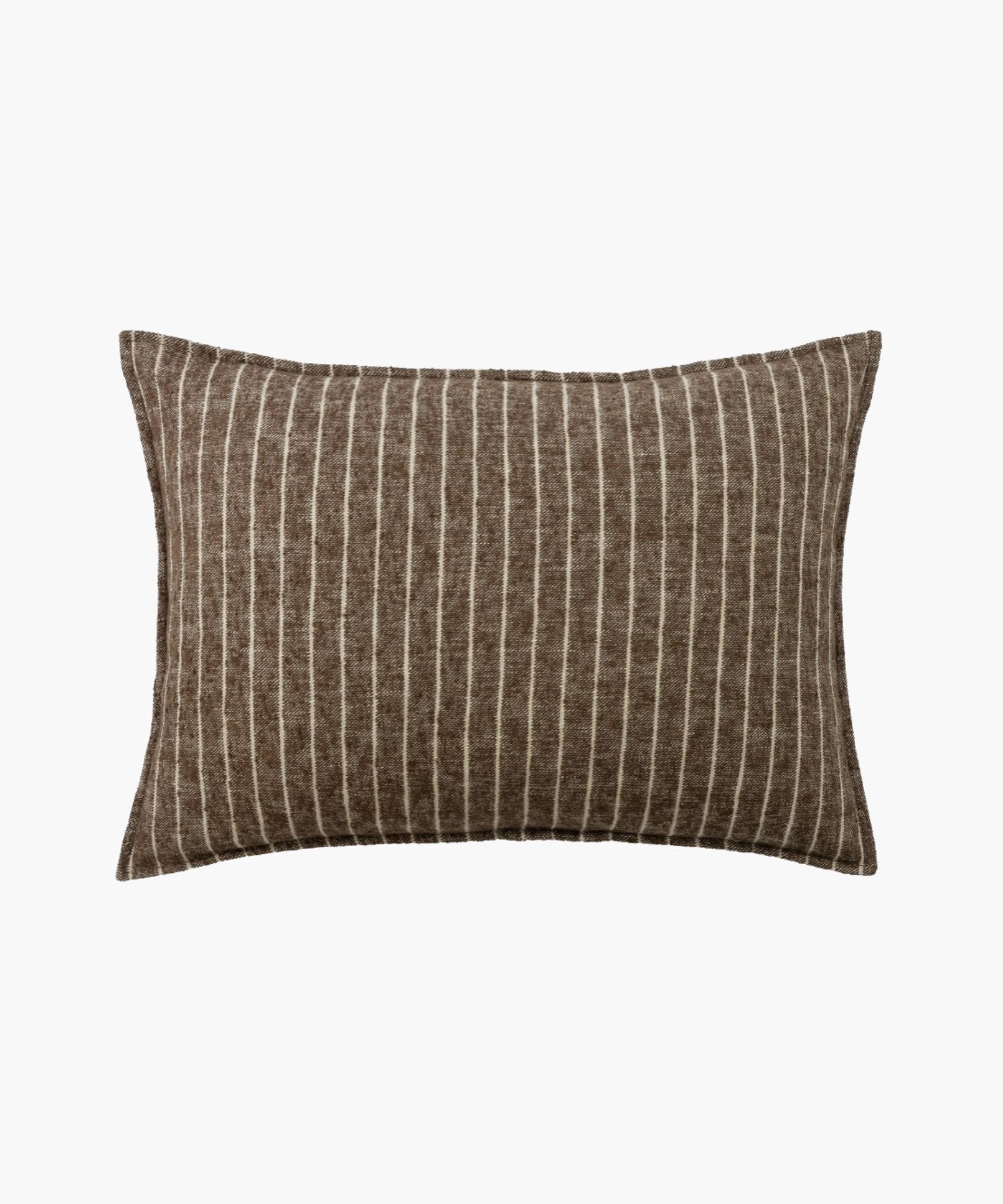 Front-facing view of the Bruno Sham in brown pinstripe, highlighting the clean knife edge and dense boucle weave.