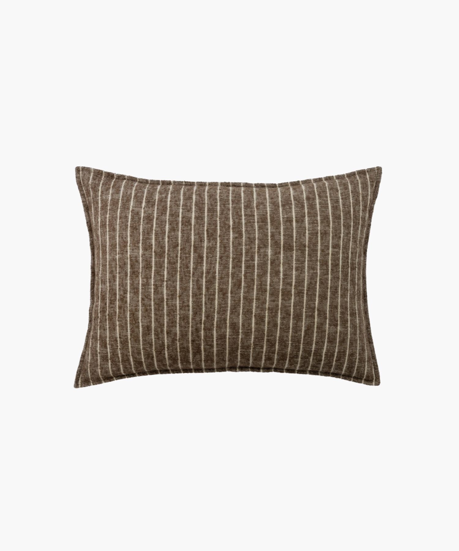 Front-facing view of the Bruno Sham in brown pinstripe, highlighting the clean knife edge and dense boucle weave.