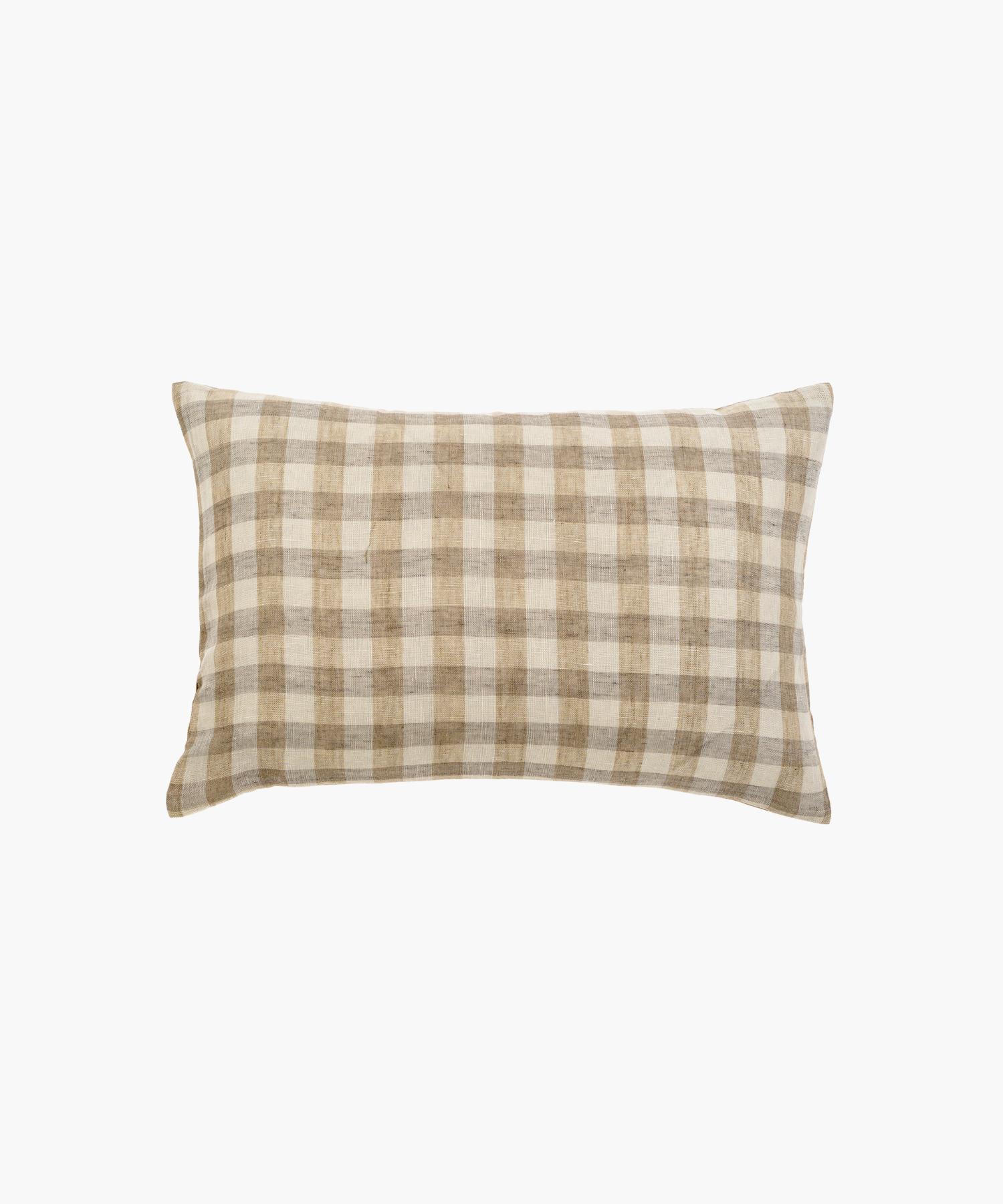 A rectangular pillow with a beige and brown checkered pattern. The design is simple and rustic, conveying a cozy and inviting atmosphere.