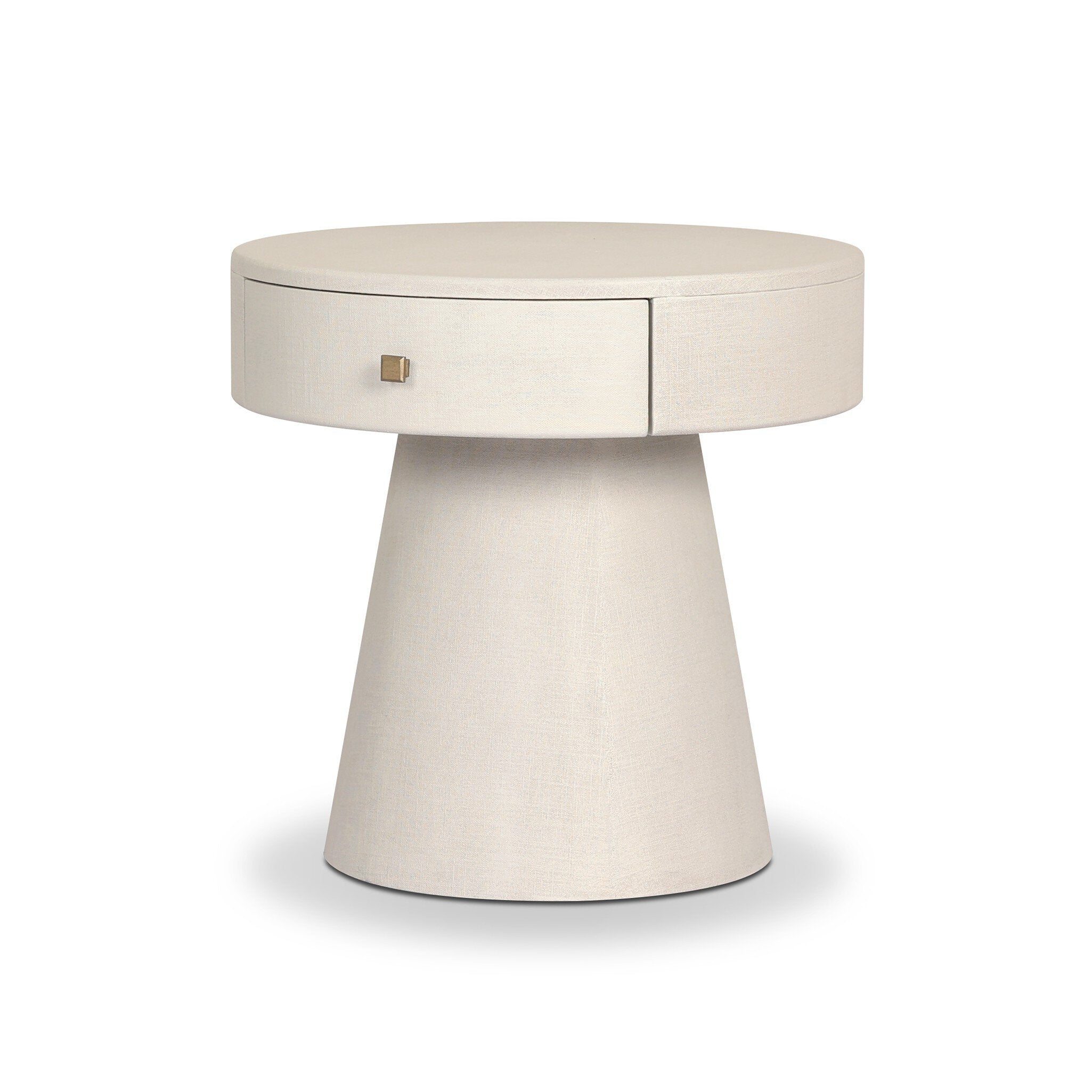 A rounded nightstand with a single drawer and tapered pedestal base on a white background. 