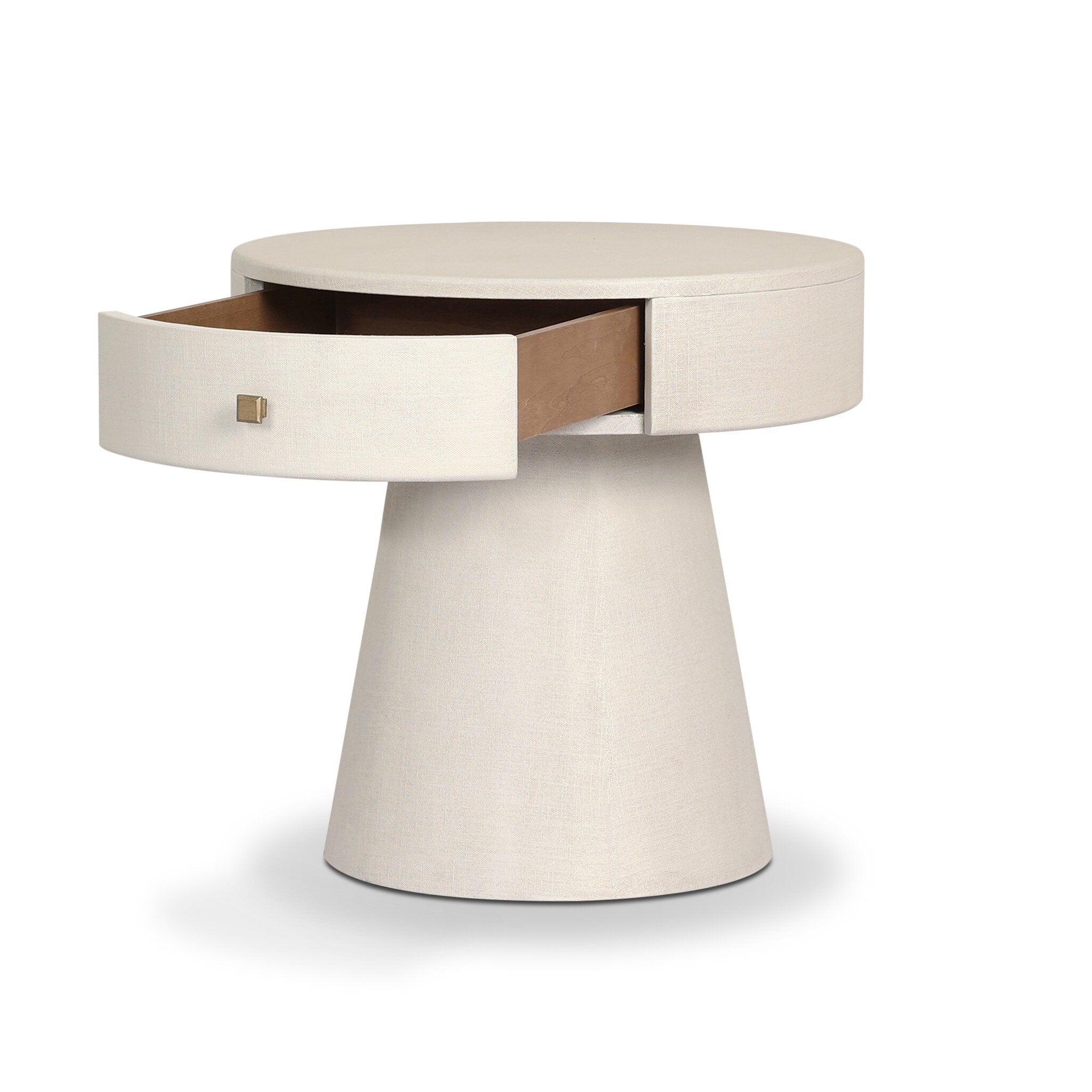 A rounded nightstand with a single drawer and tapered pedestal base on a white background. 