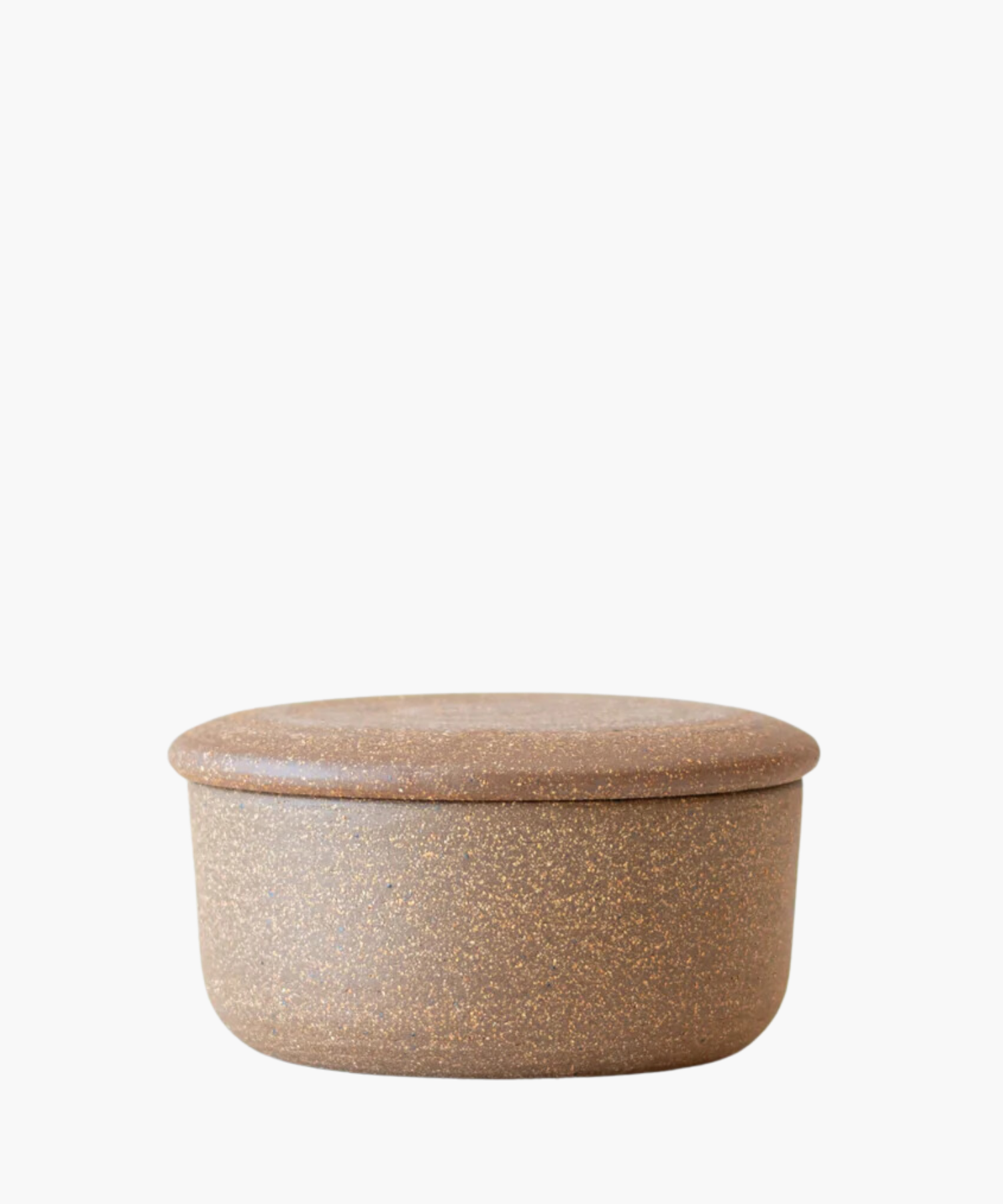 Ceramic butter keeper with minimalist design. Plain brown, on a white background.