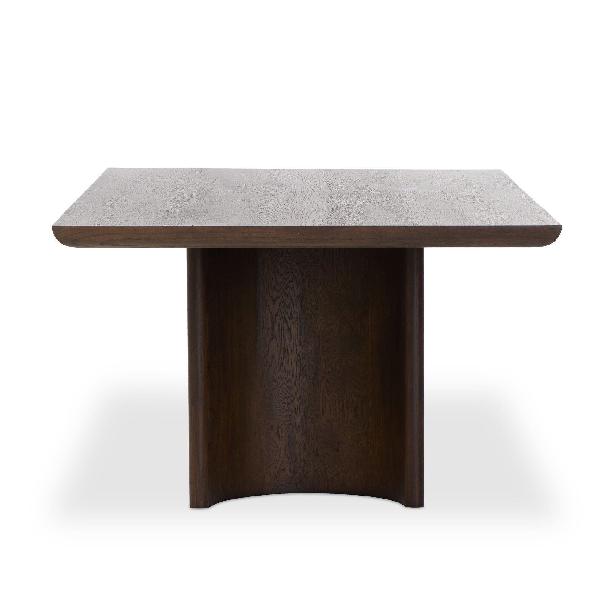 Front profile of a wood dining table with a minimalist design on a white background.
