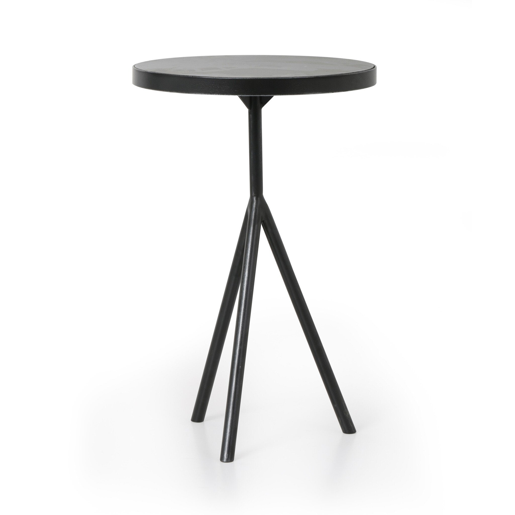 Black-finished iron round end table with tripod base and bluestone top on a white background.