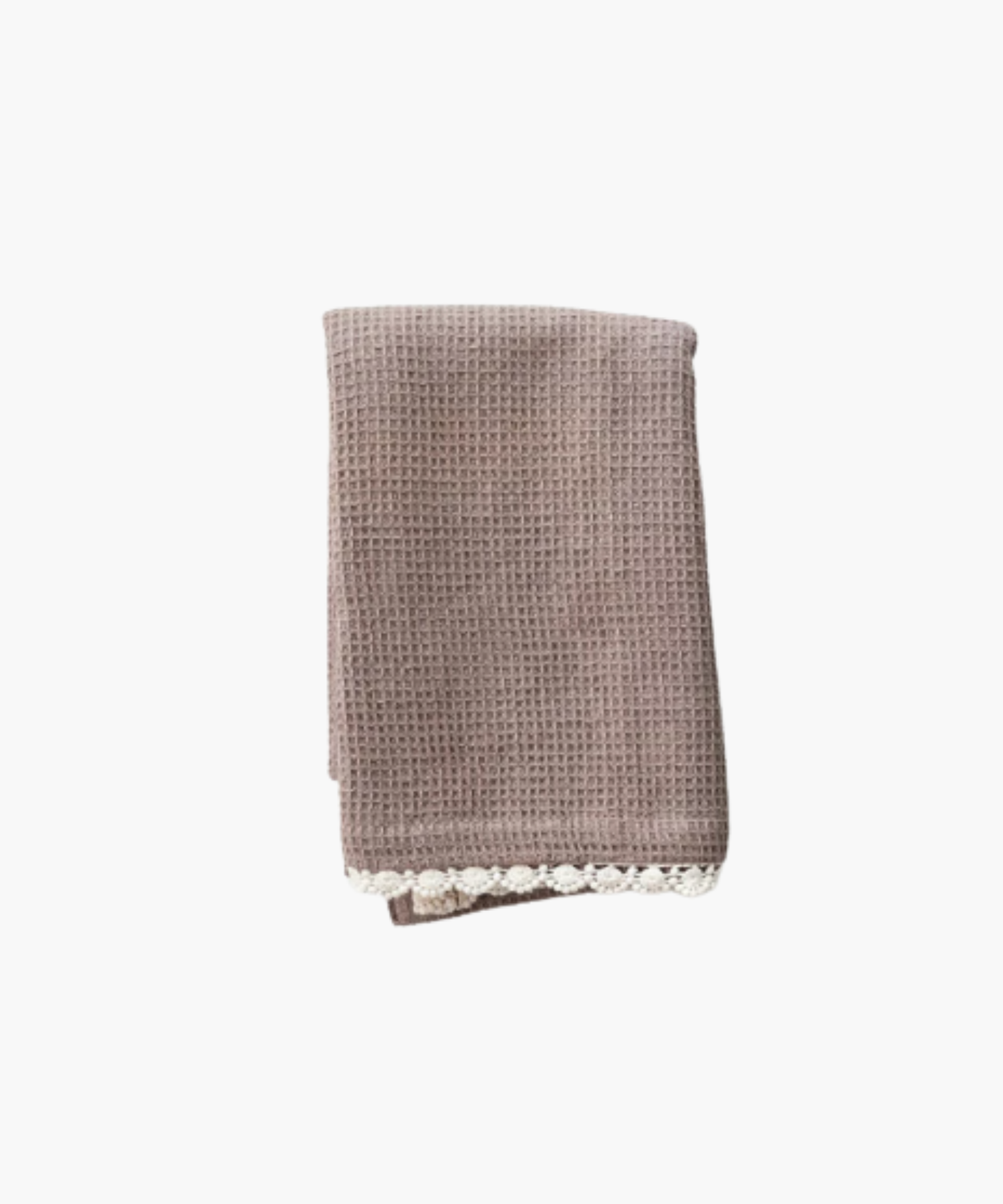 A neatly folded mauve waffle-patterned towel with delicate white crochet trim along the bottom edge. The texture is soft, giving a cozy and elegant feel.