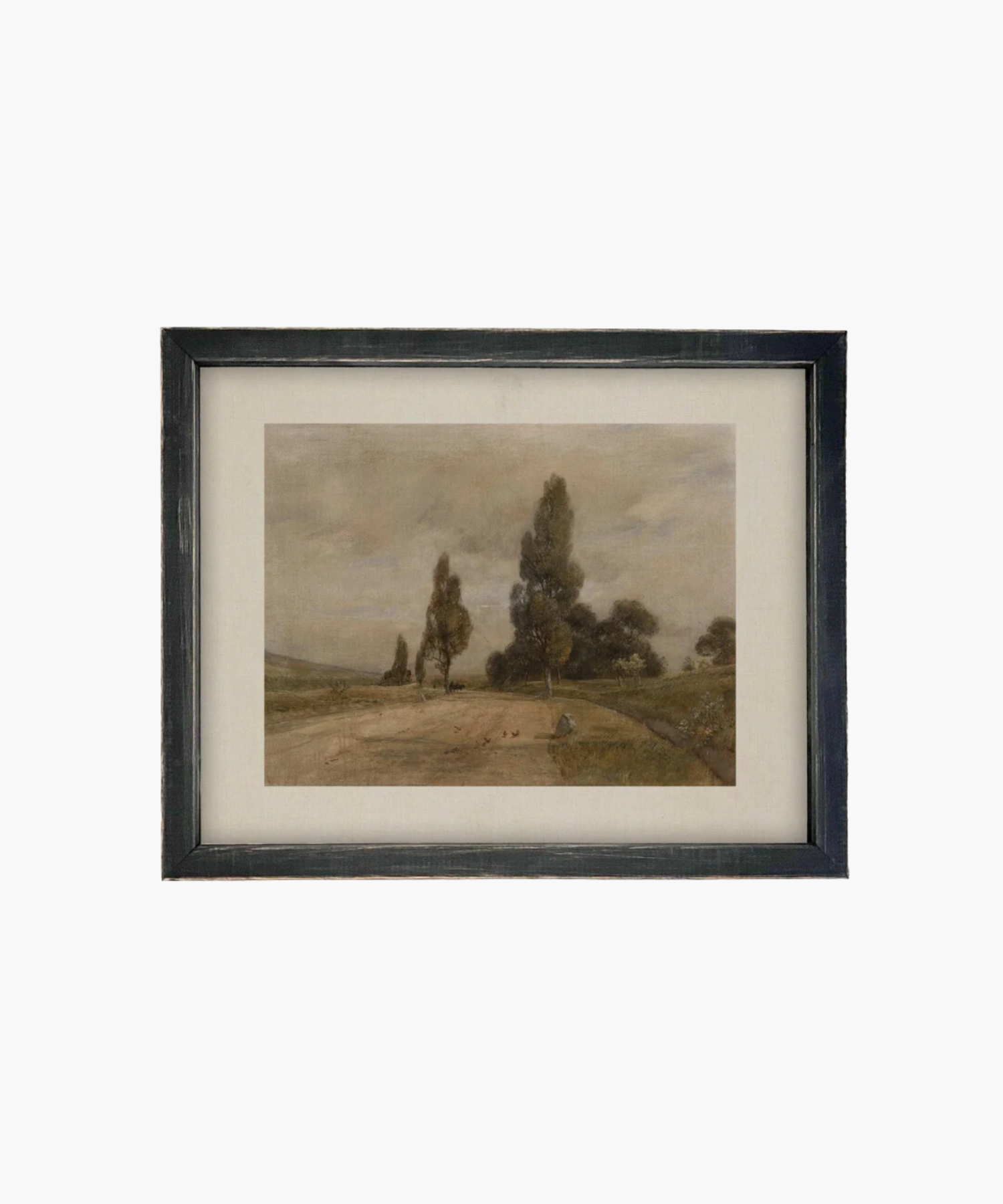 Framed landscape painting depicting a serene countryside with a dirt path, tall trees, and a cloudy sky with a vintage black frame. The muted tones evoke a calm, peaceful mood.