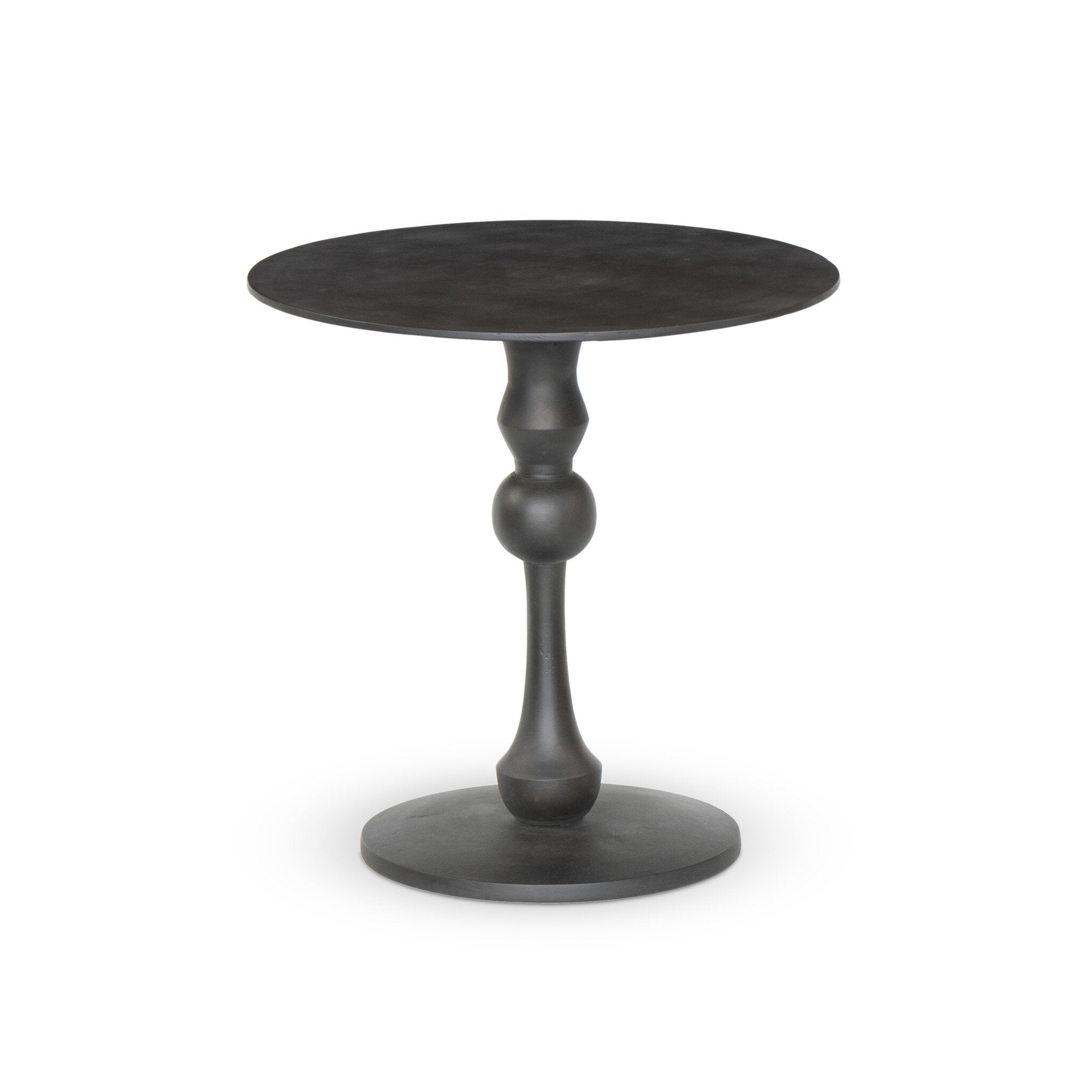 Antique black finished round end table with a geometric pedestal base on a white background.