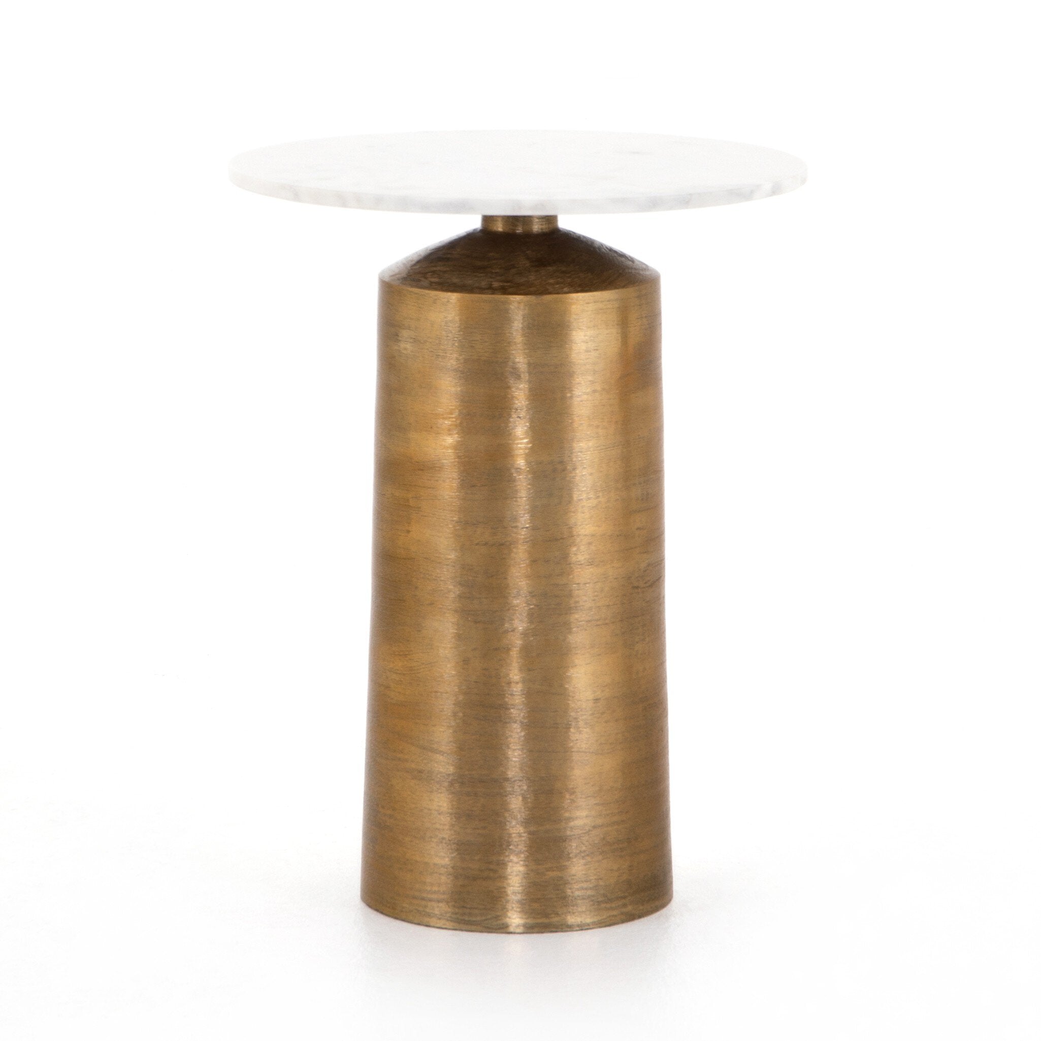Nightstand with a brass base and a white marble on a white background.