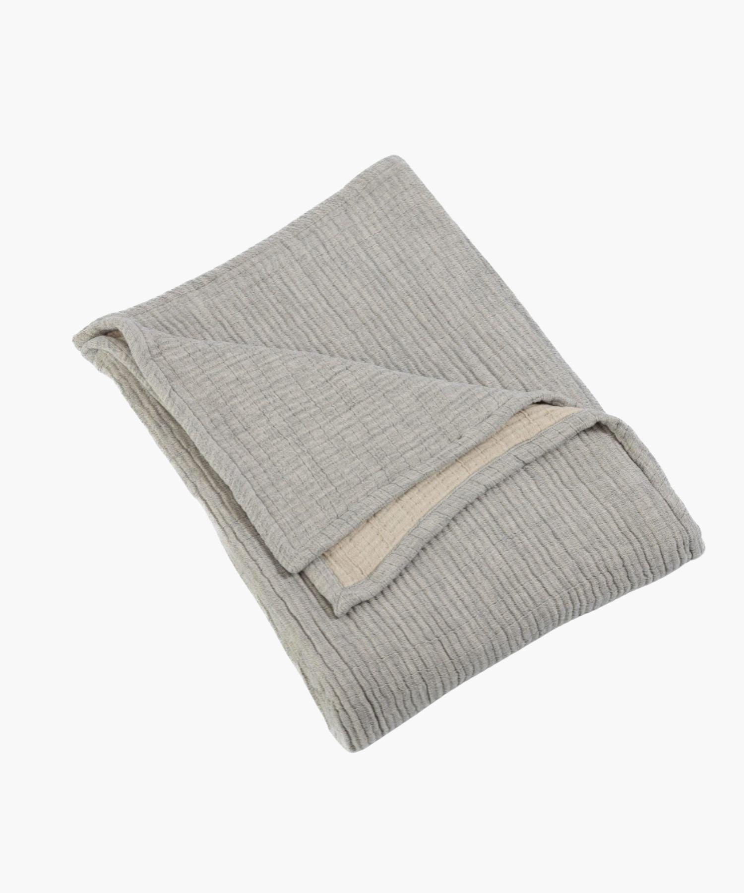 Folded gray textured blanket on a white background showcasing its weave texture.
