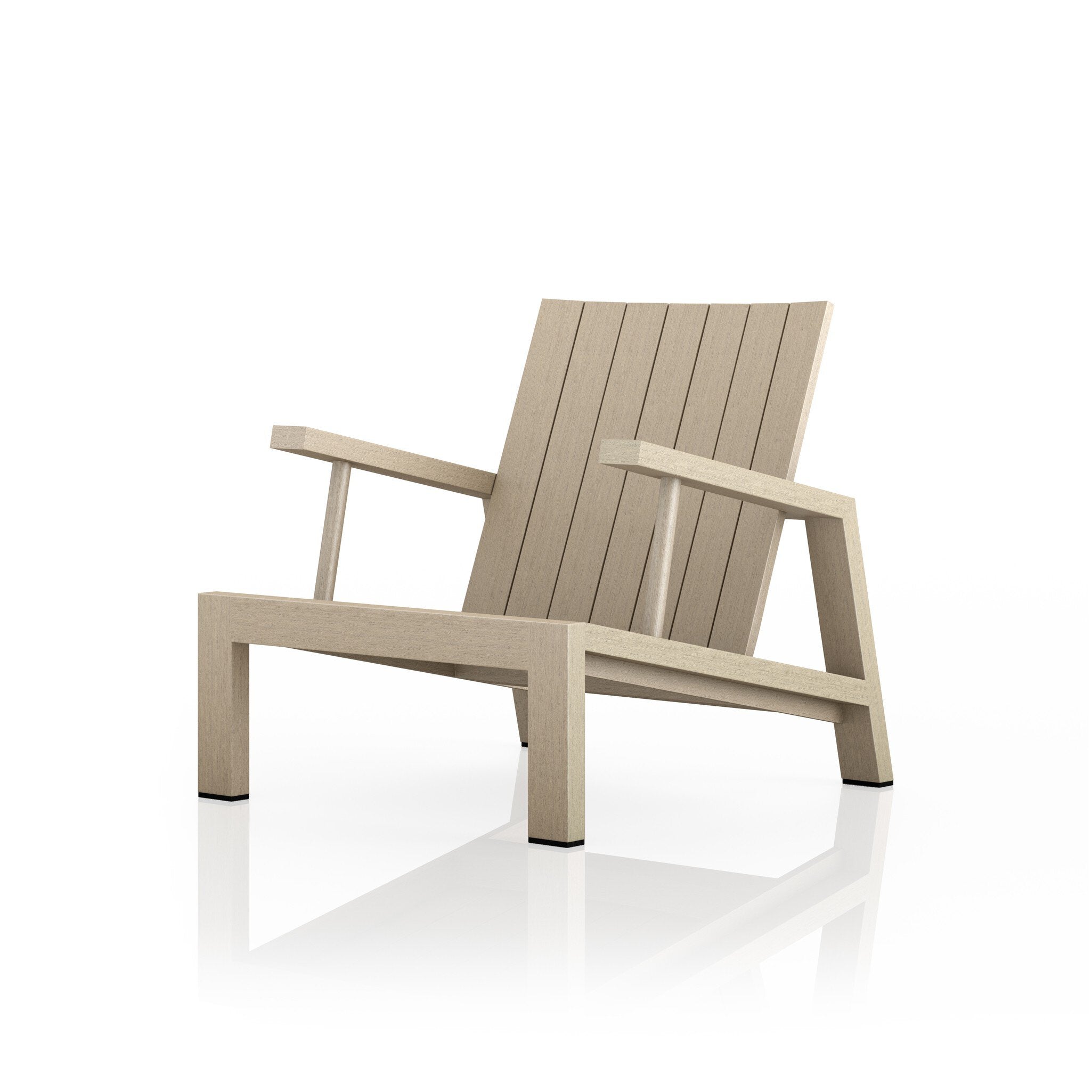 An Adirondack inspired outdoor chair made of teak with a wide angled frame with linear lines.
