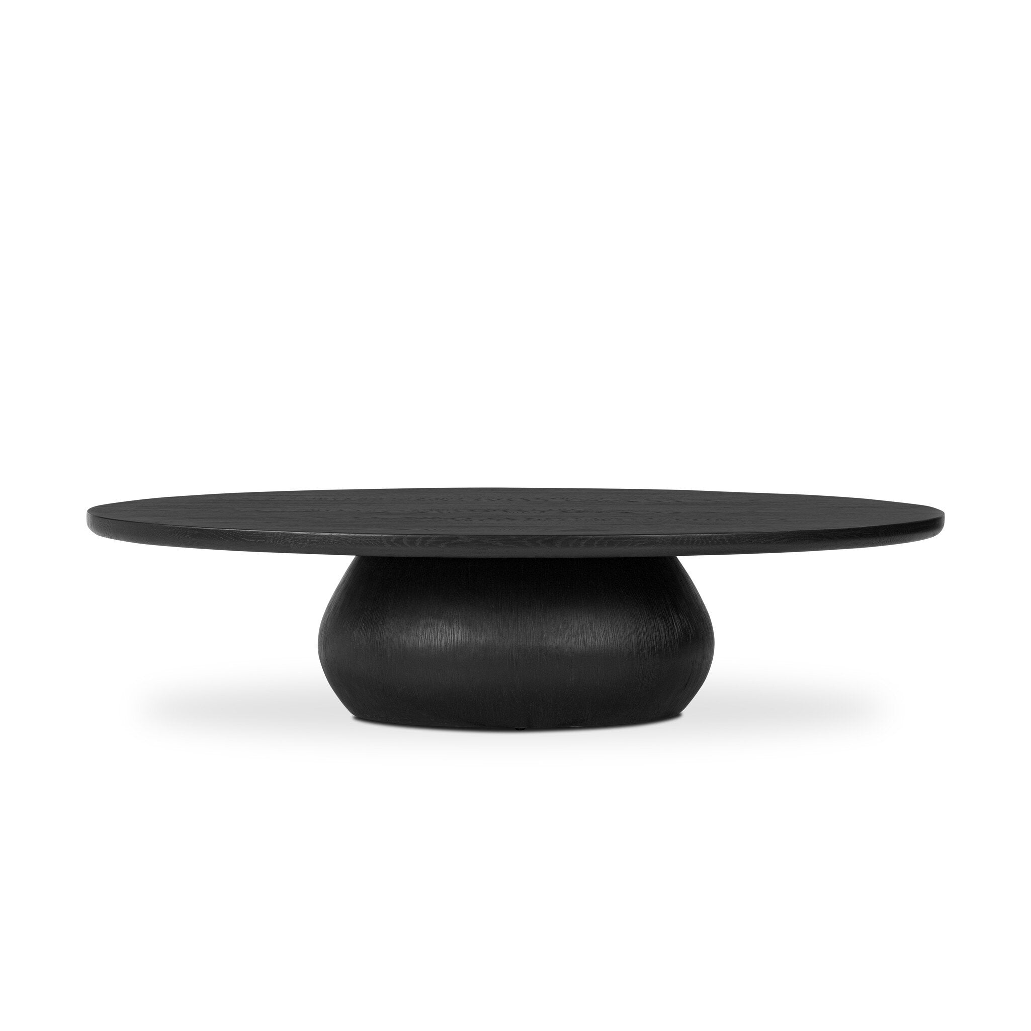 Black oval shaped coffee table on a white background.