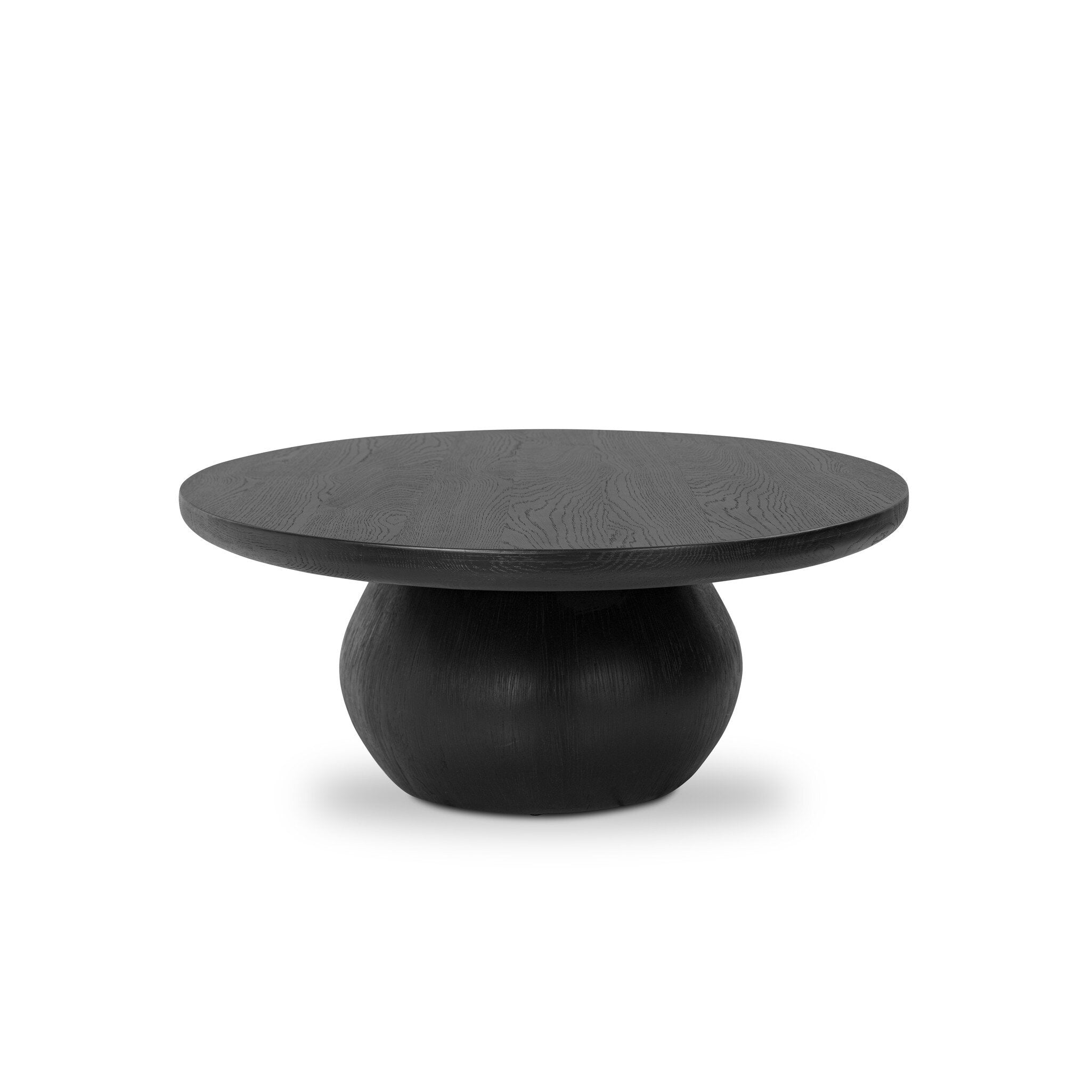 Side profile of a black oval shaped coffee table on a white background.