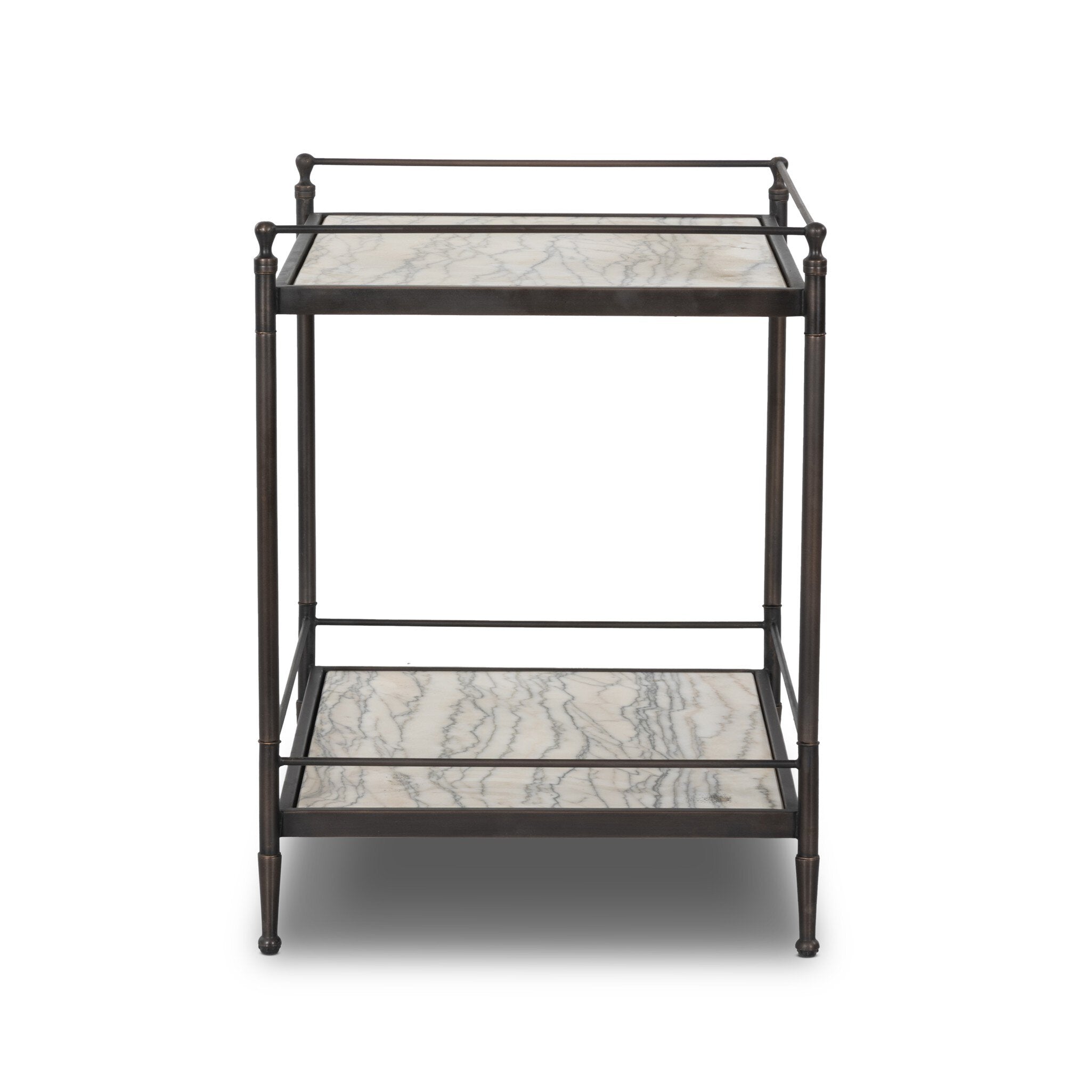 Side profile of a two-tier metal nightstand with marble shelves.