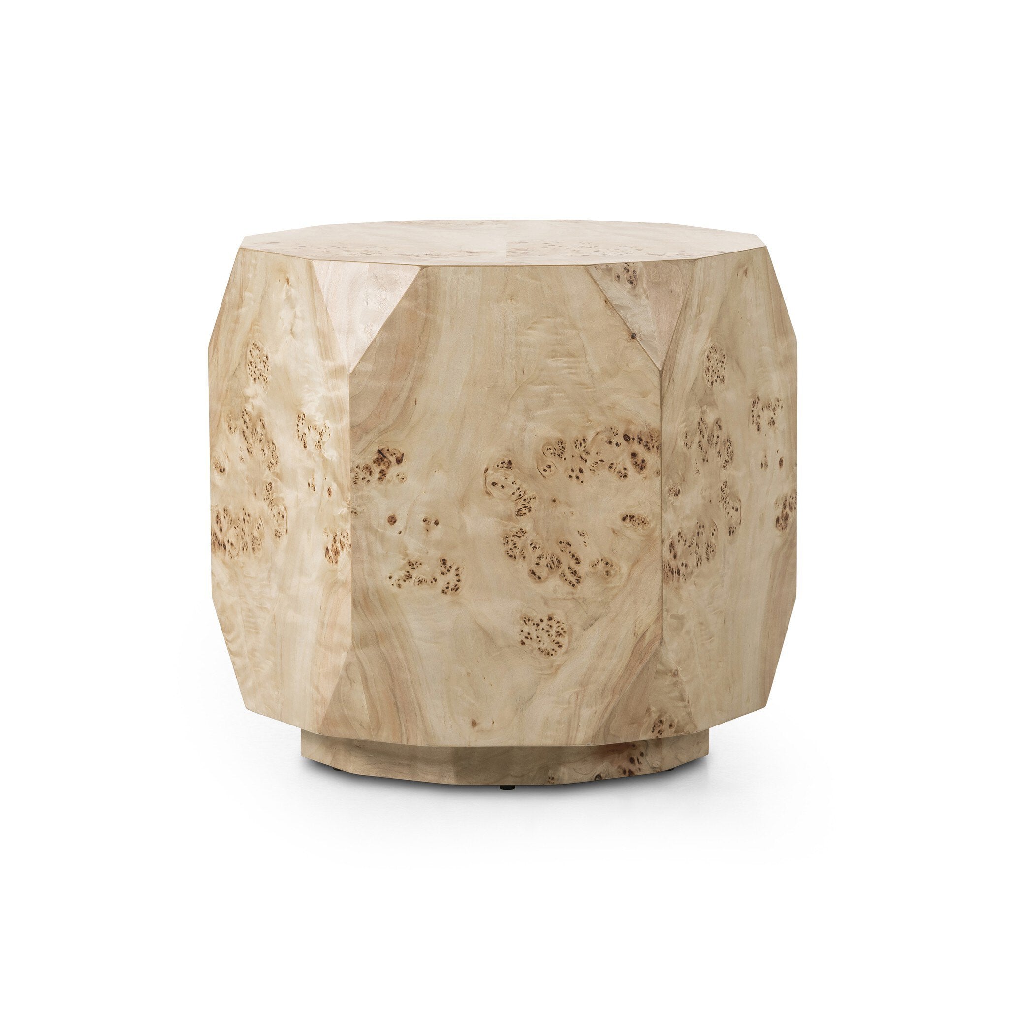 Wooden end table with a natural, textured finish on a white background.