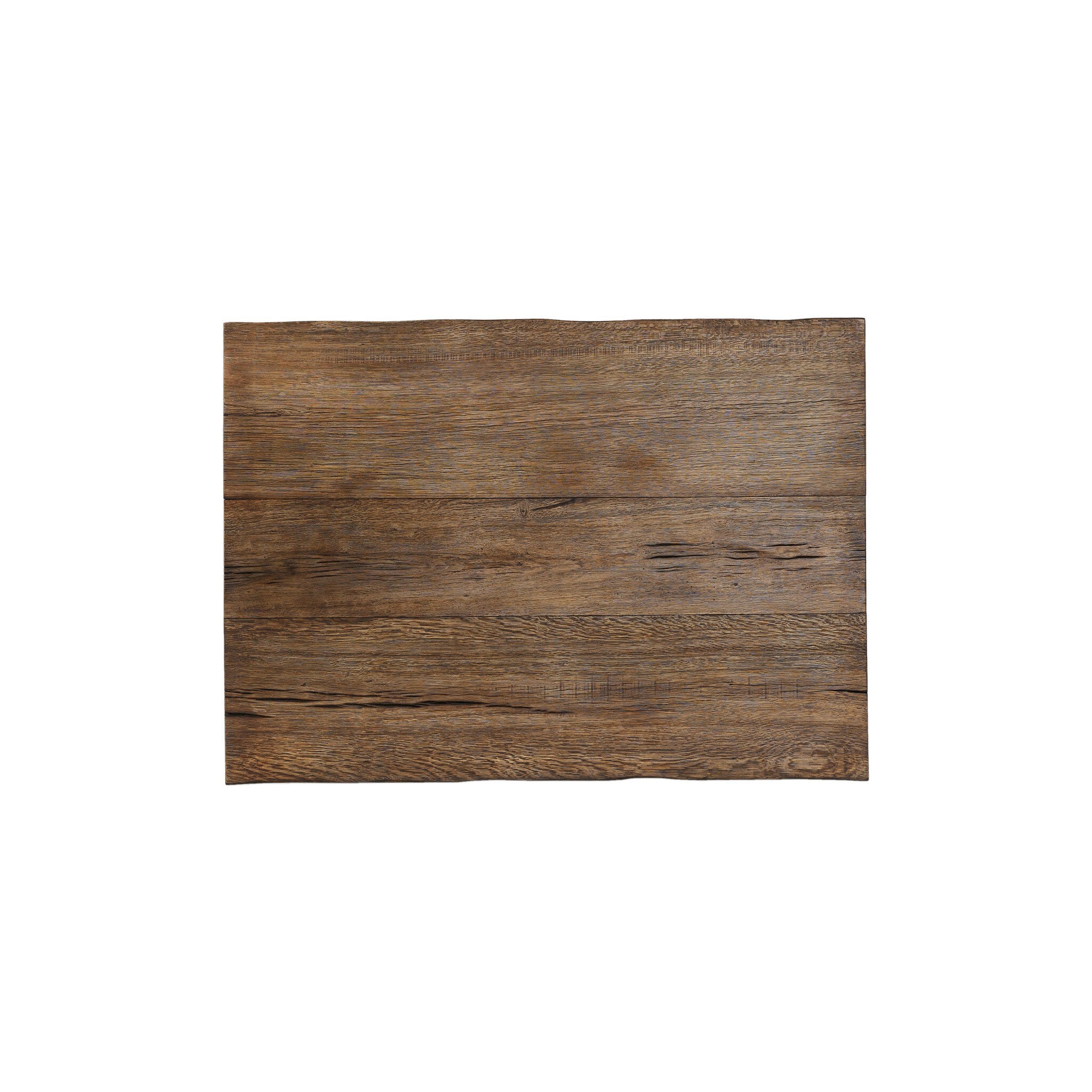 Overhead view of a wooden coffee table on a white background.