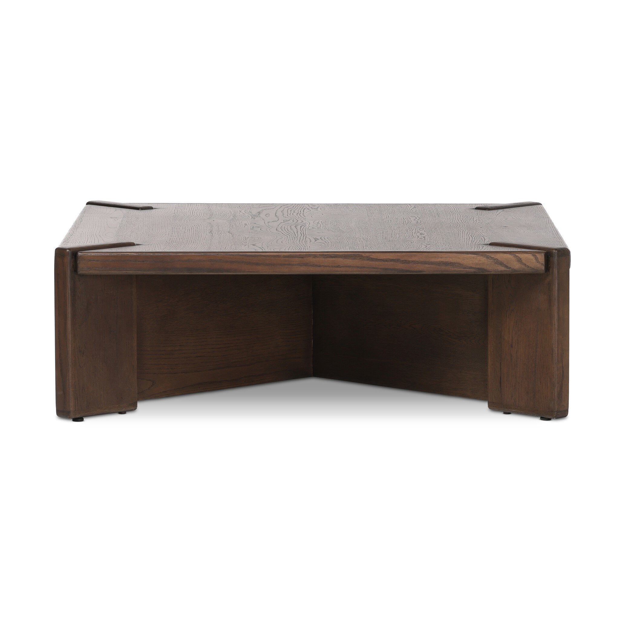 Wooden coffee table with a textured surface on a white background.