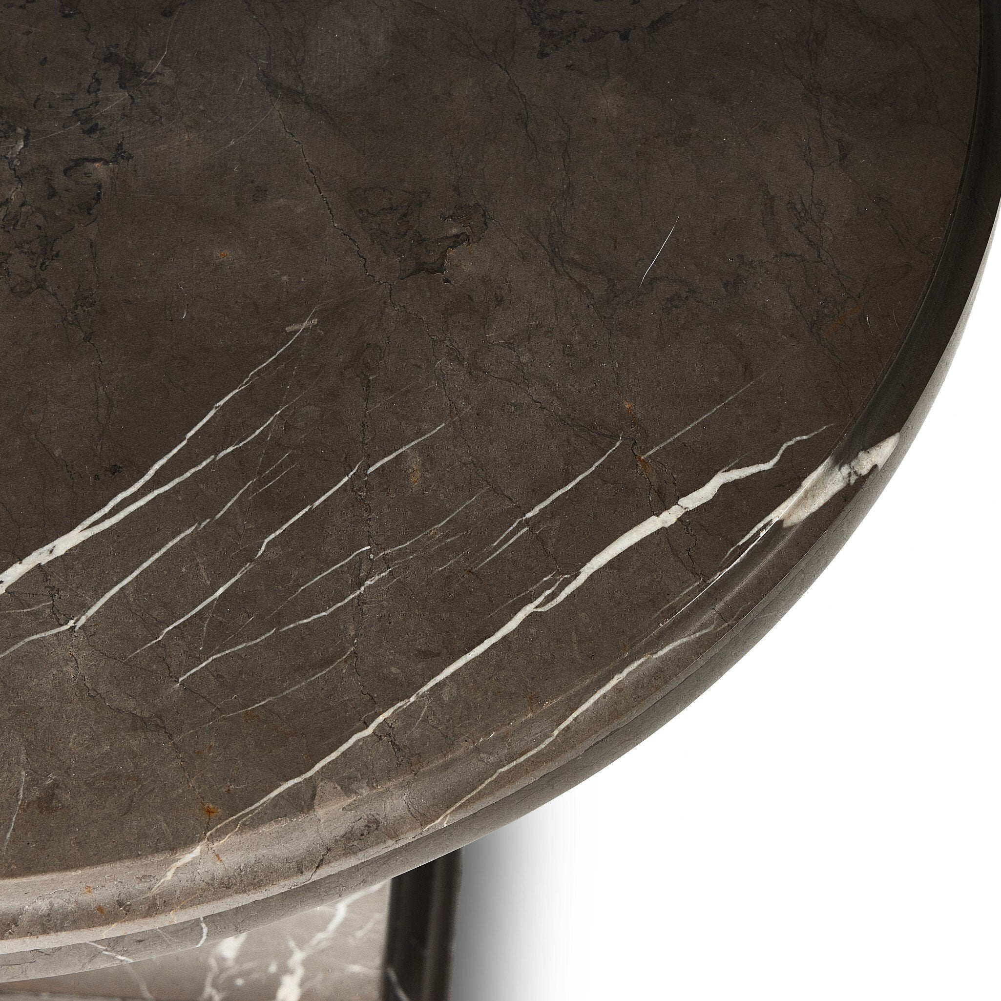 Overhead view of a Roman column inspired end table with tapered base and round top made in grey Italian marble.