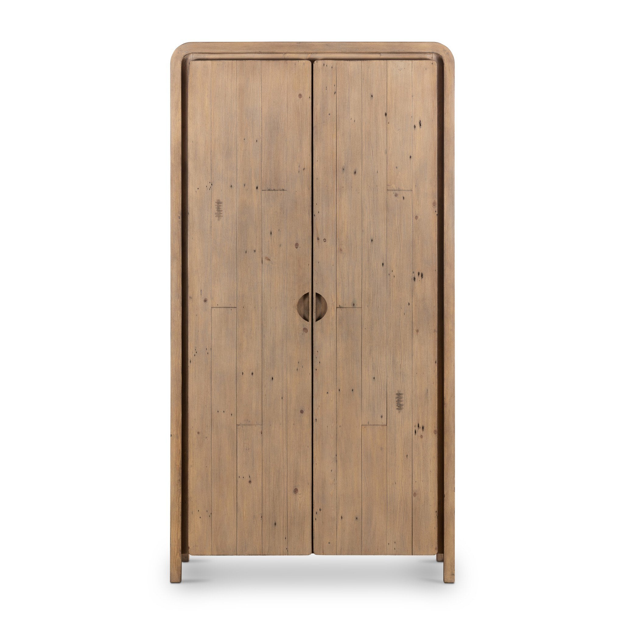 Wooden cabinet with two doors and rounded corners on a white background
