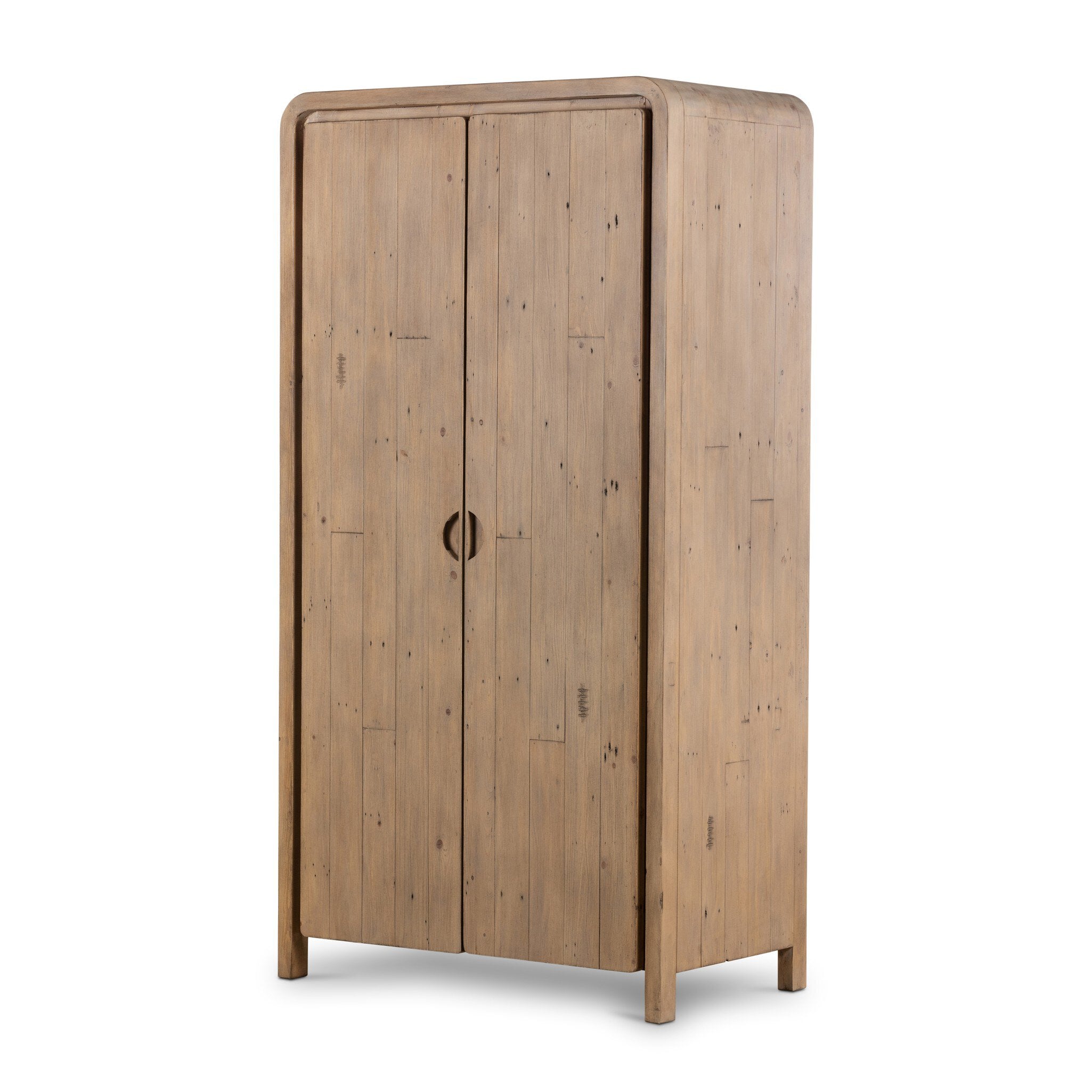 Wooden cabinet with two doors and rounded corners on a white background