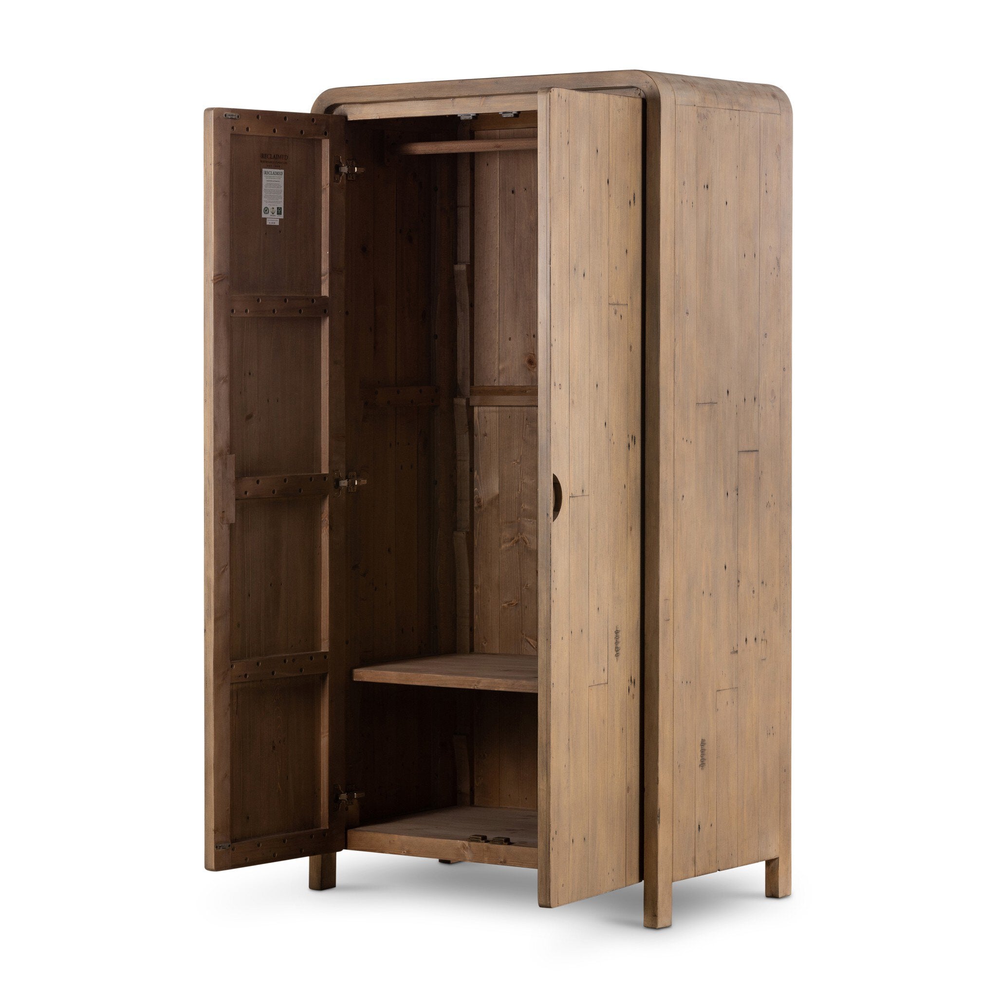 Wooden cabinet with two doors and rounded corners on a white background.