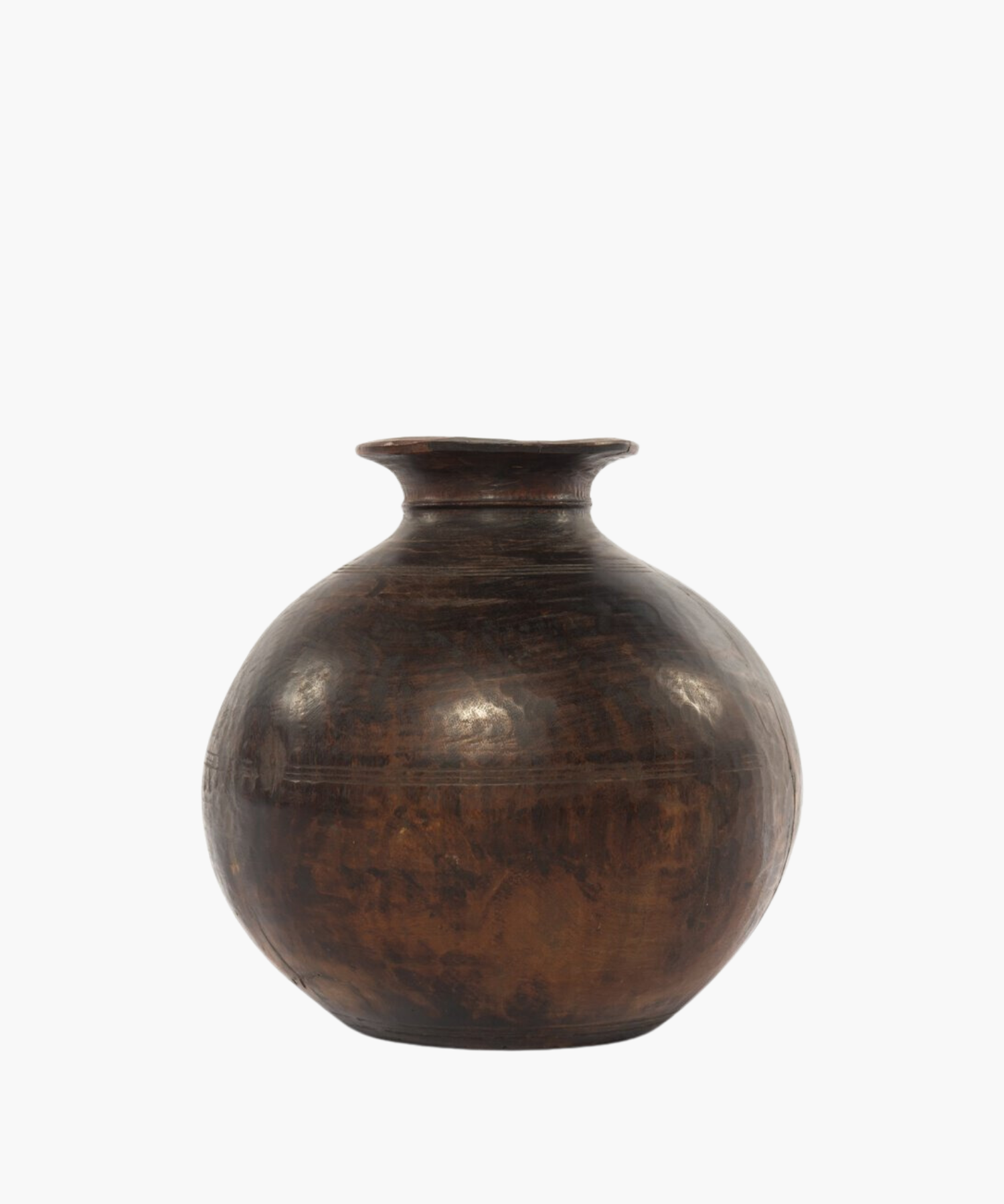 A vintage wooden jar or vessel with visible grain and aged patina styled on a white background. 