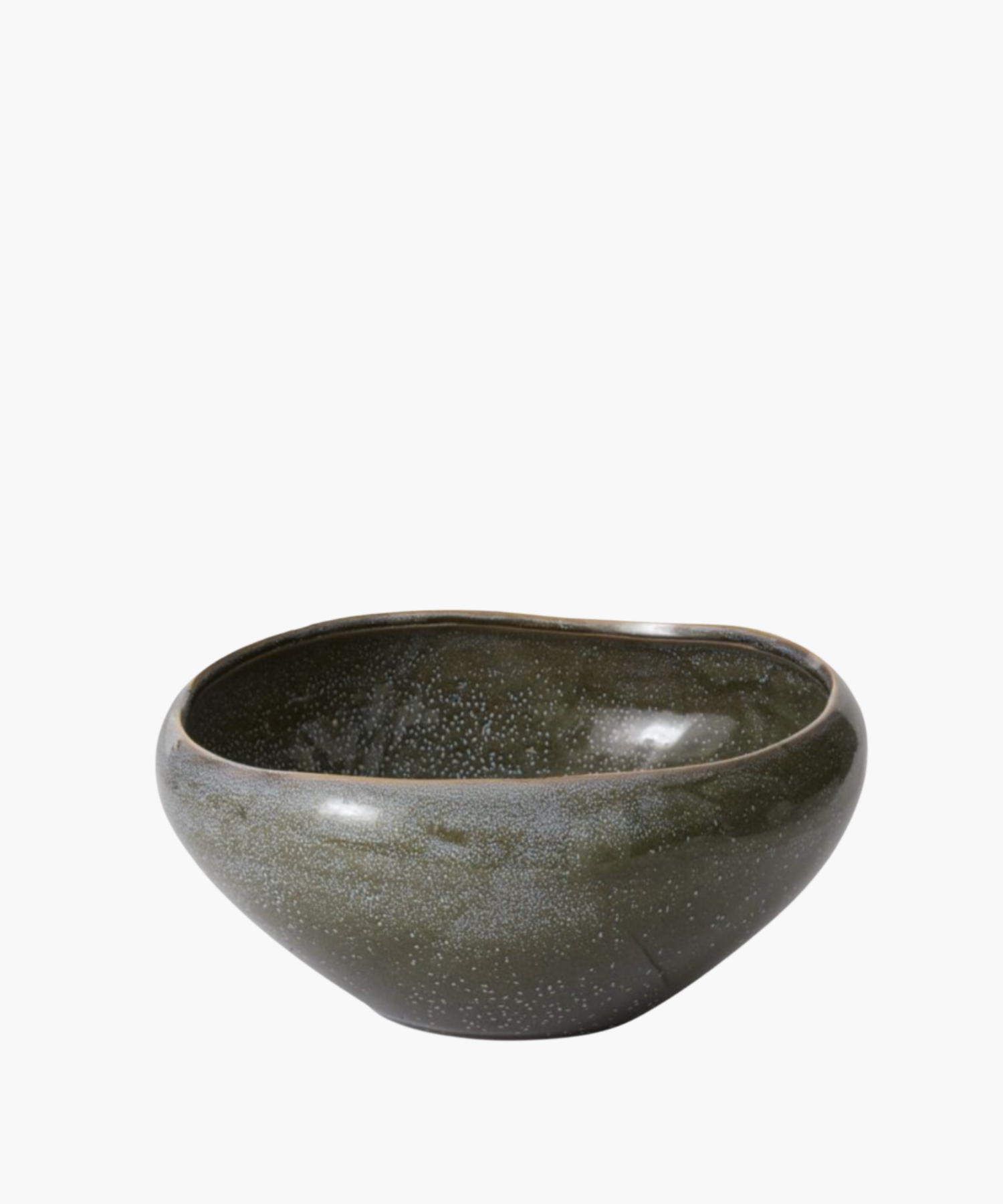 A dark green ceramic bowl with a glossy finish, featuring a subtle speckled pattern. The bowl's asymmetrical shape adds an artistic touch.
