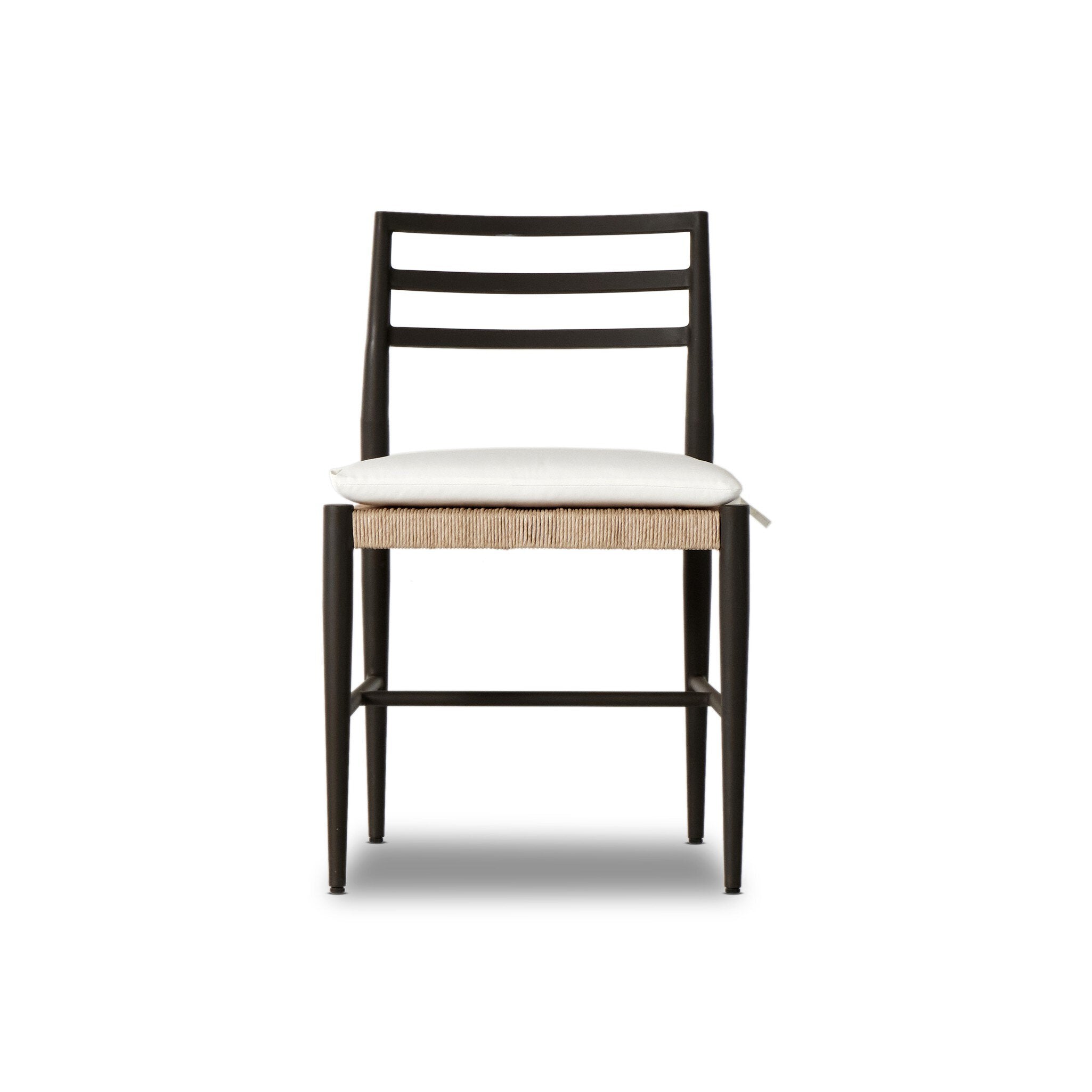 Classic ladderback outdoor dining chair with a woven seat and removable cushion.