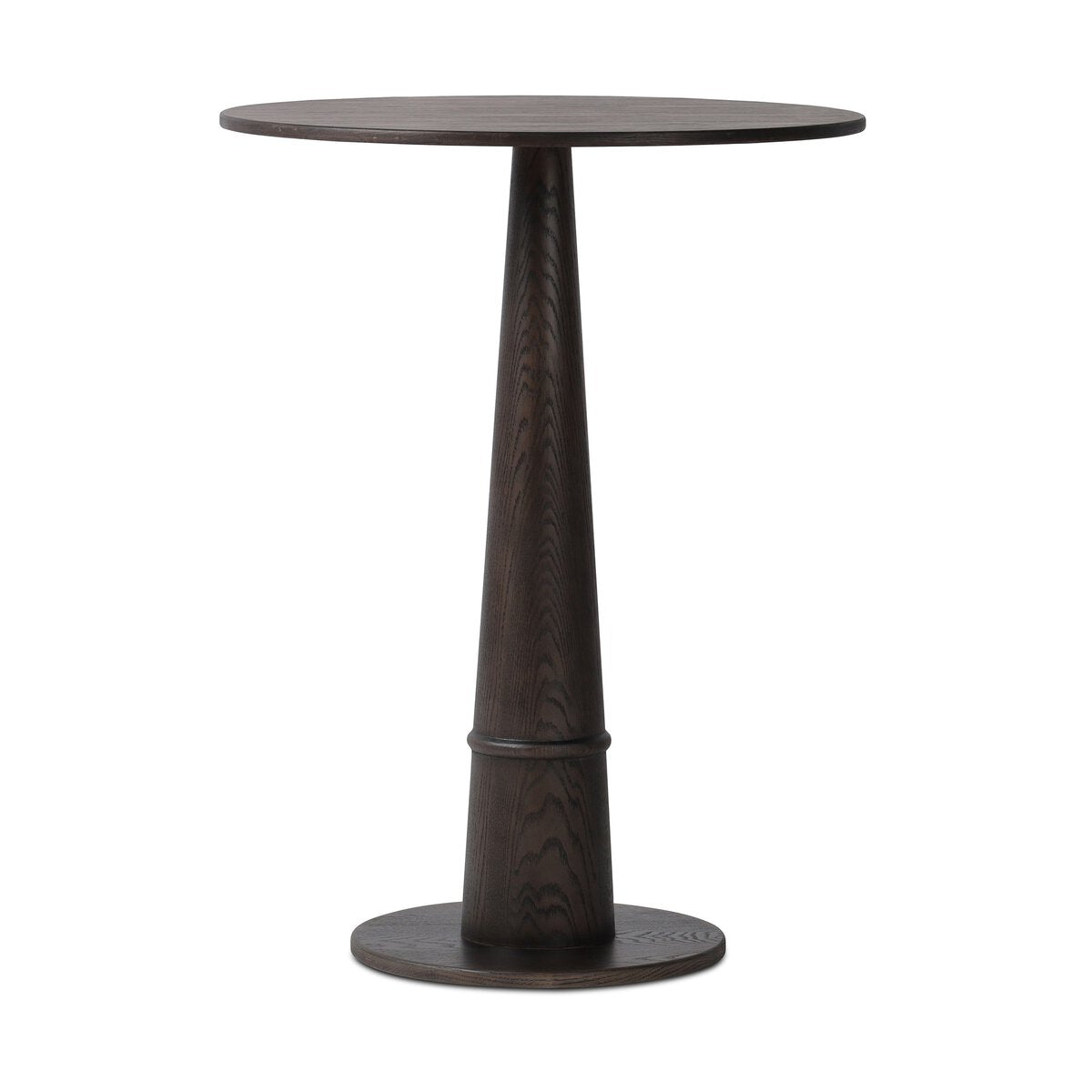 Dark wooden round cocktail style table on a white background.