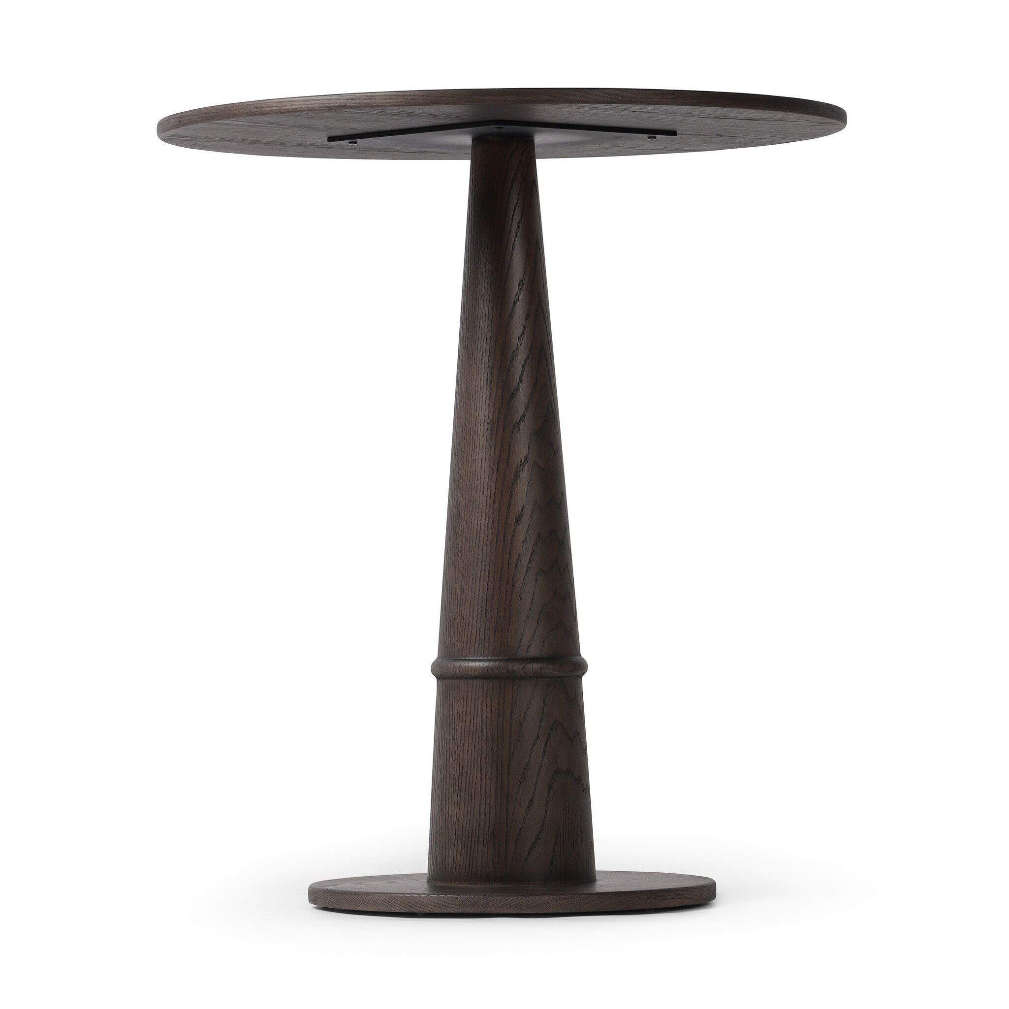 A dark wooden round cocktail style table on a white background.