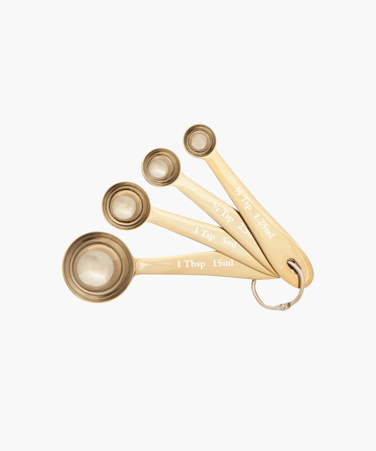Four nested gold measuring spoons are attached by a metal ring, labeled with measurements: 1 Tbsp, 1 Tsp, 1/2 Tsp, and 1/4 Tsp, conveying precision.