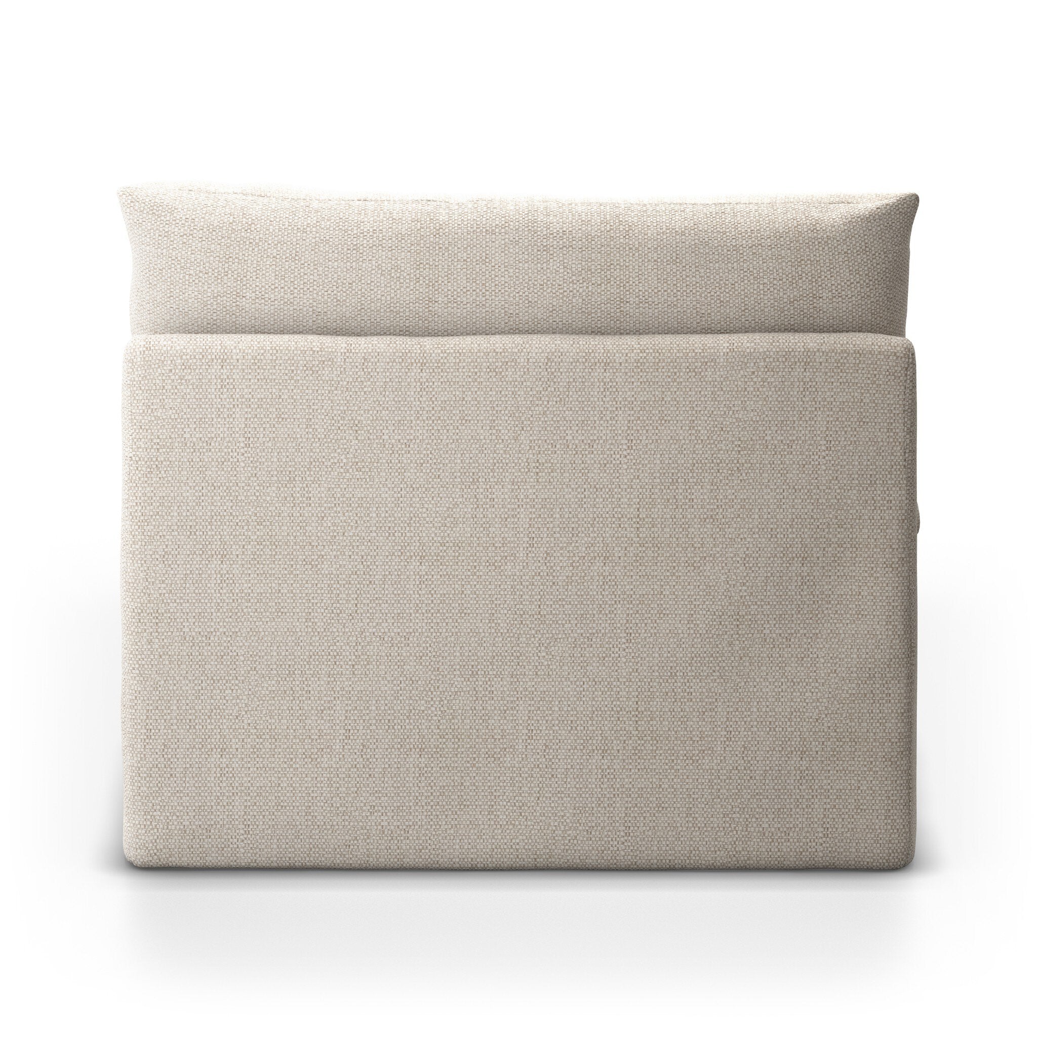 The back of a chaise section of a beige slipcover outdoor sofa on a white background.