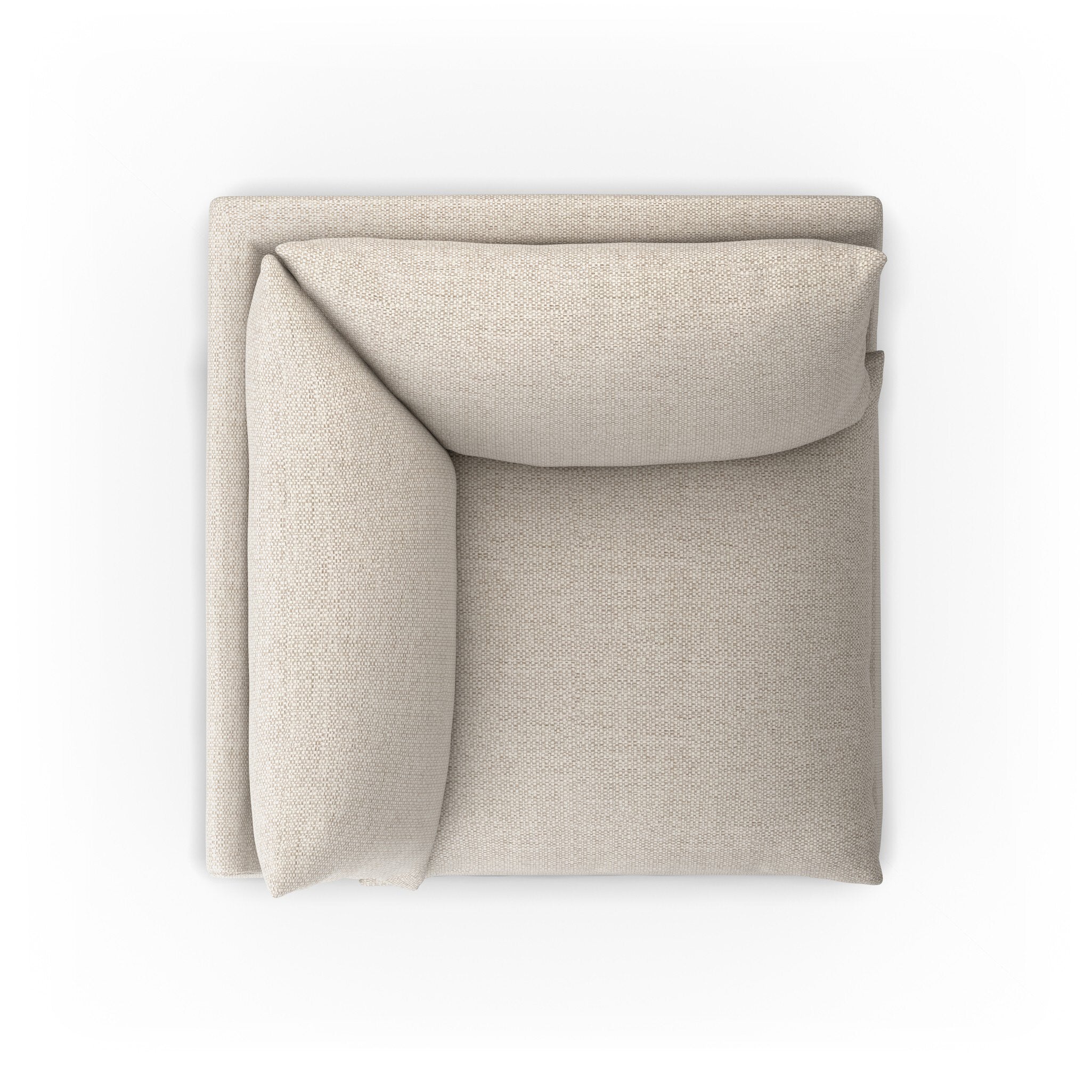 Overhead view of the corner section of a beige slipcover outdoor sofa on a white background.