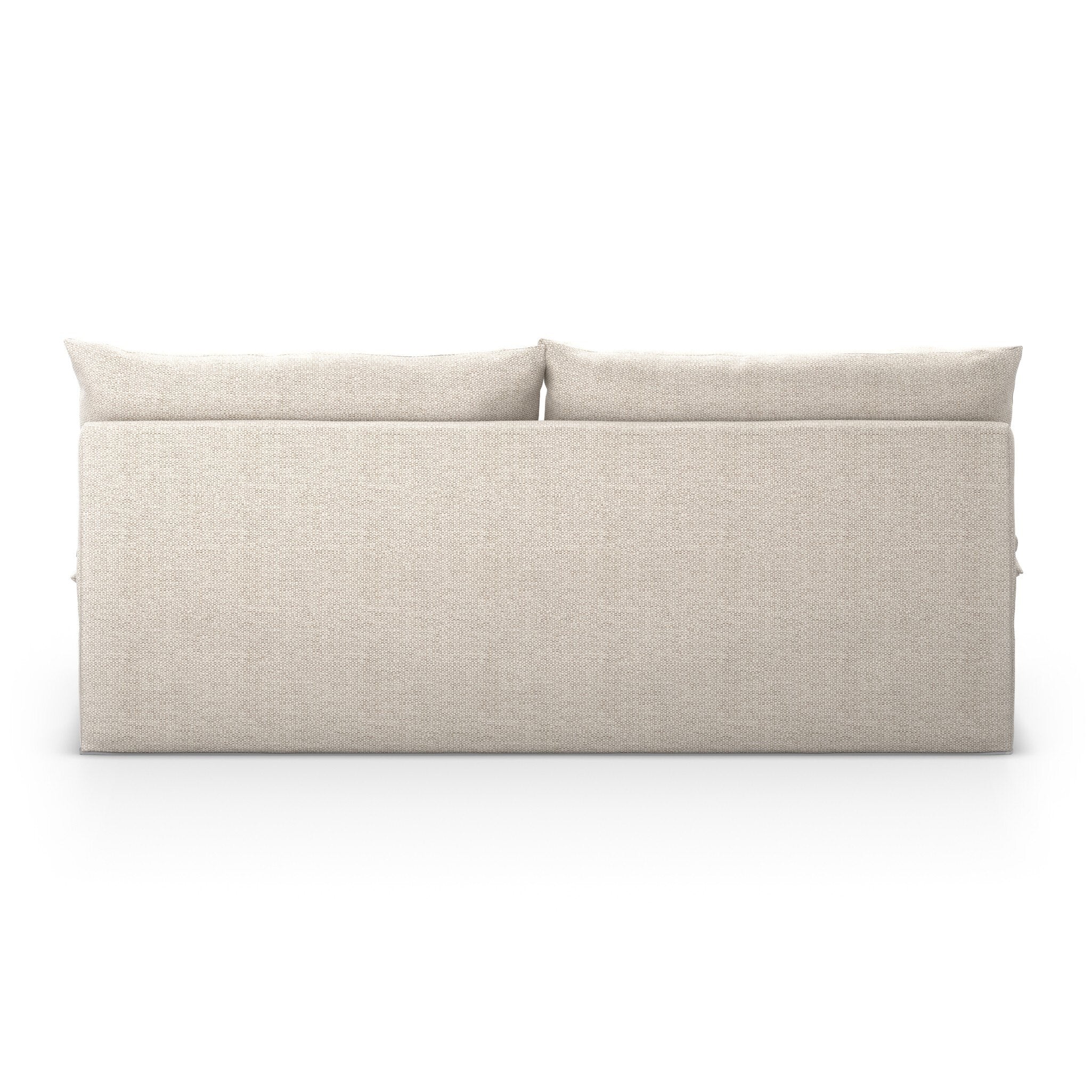The back of a beige slipcover outdoor sofa on a white background.